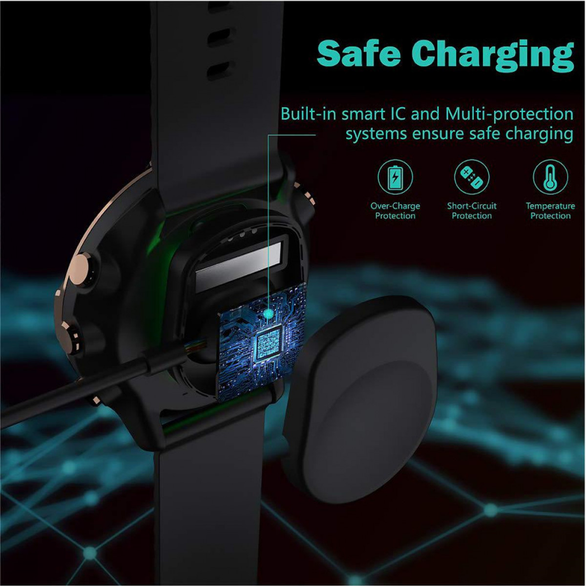 Ładowanie smartwatcha, prezentujące funkcje bezpiecznego ładowania: ochrona przed przeładowaniem, zwarciem, temperaturą.