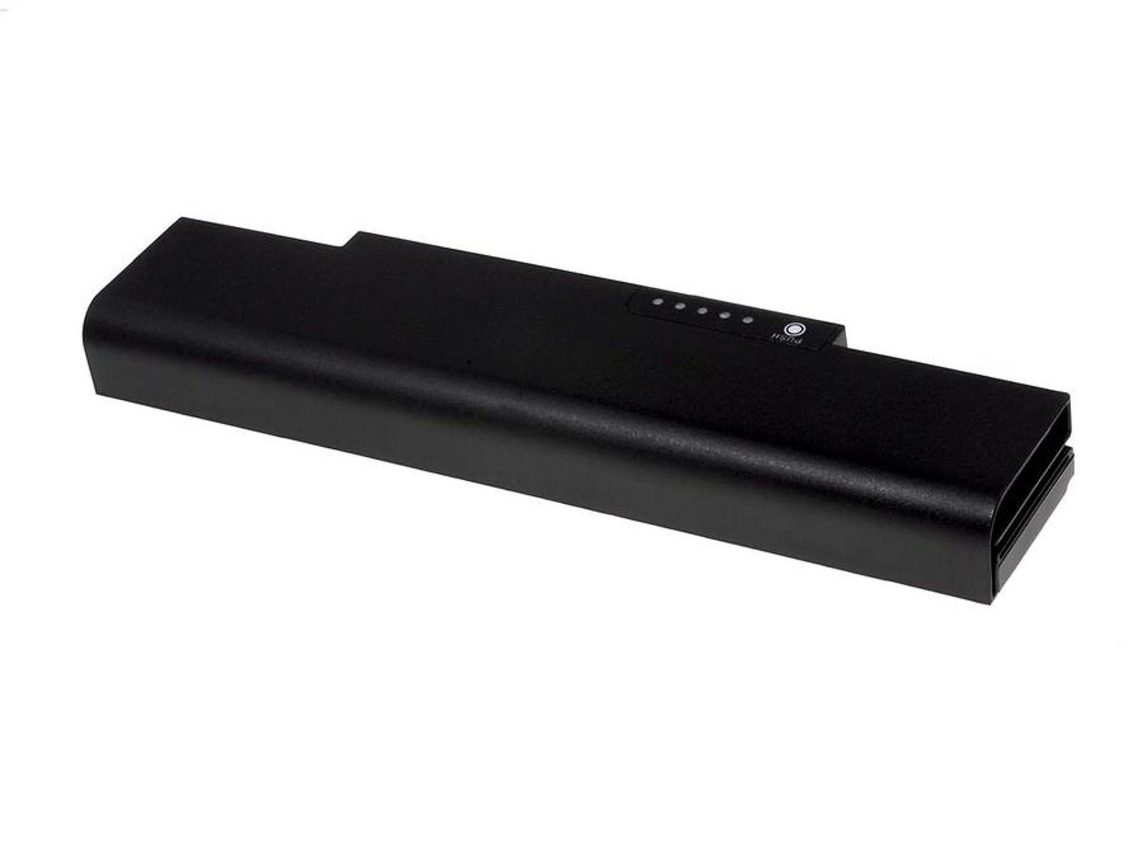Batería negra para portátil con luces indicadoras de encendido. Es rectangular.