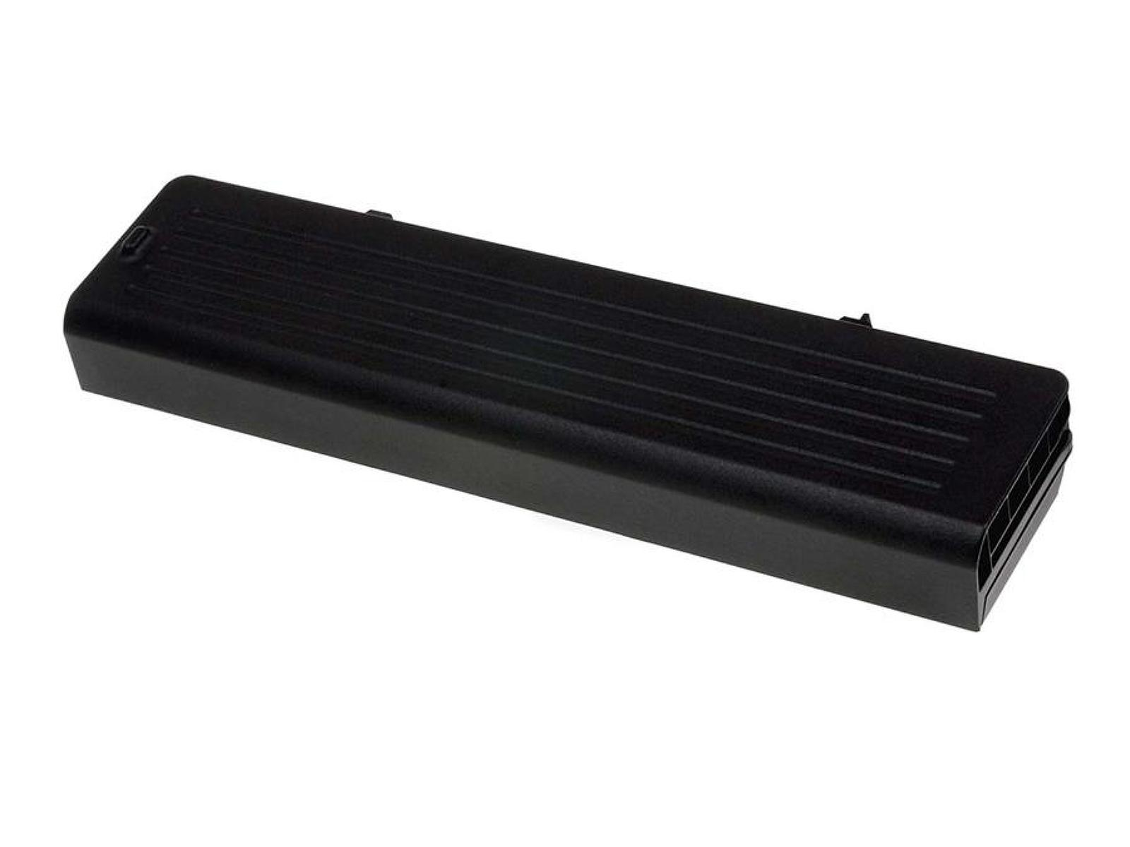 Batería de portátil negra. Forma rectangular con crestas, sobre fondo blanco.