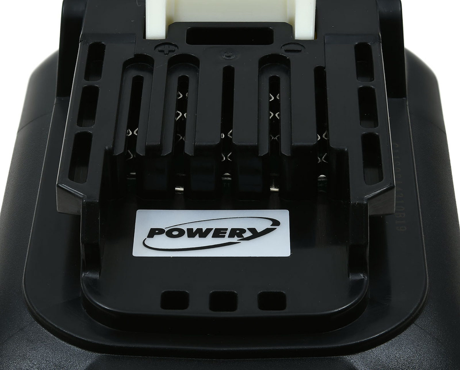 Schwarze Batteriebasis mit 'Powery'-Logo. Die Basis hat eine Reihe von Löchern und Anschlüssen auf Weiß.