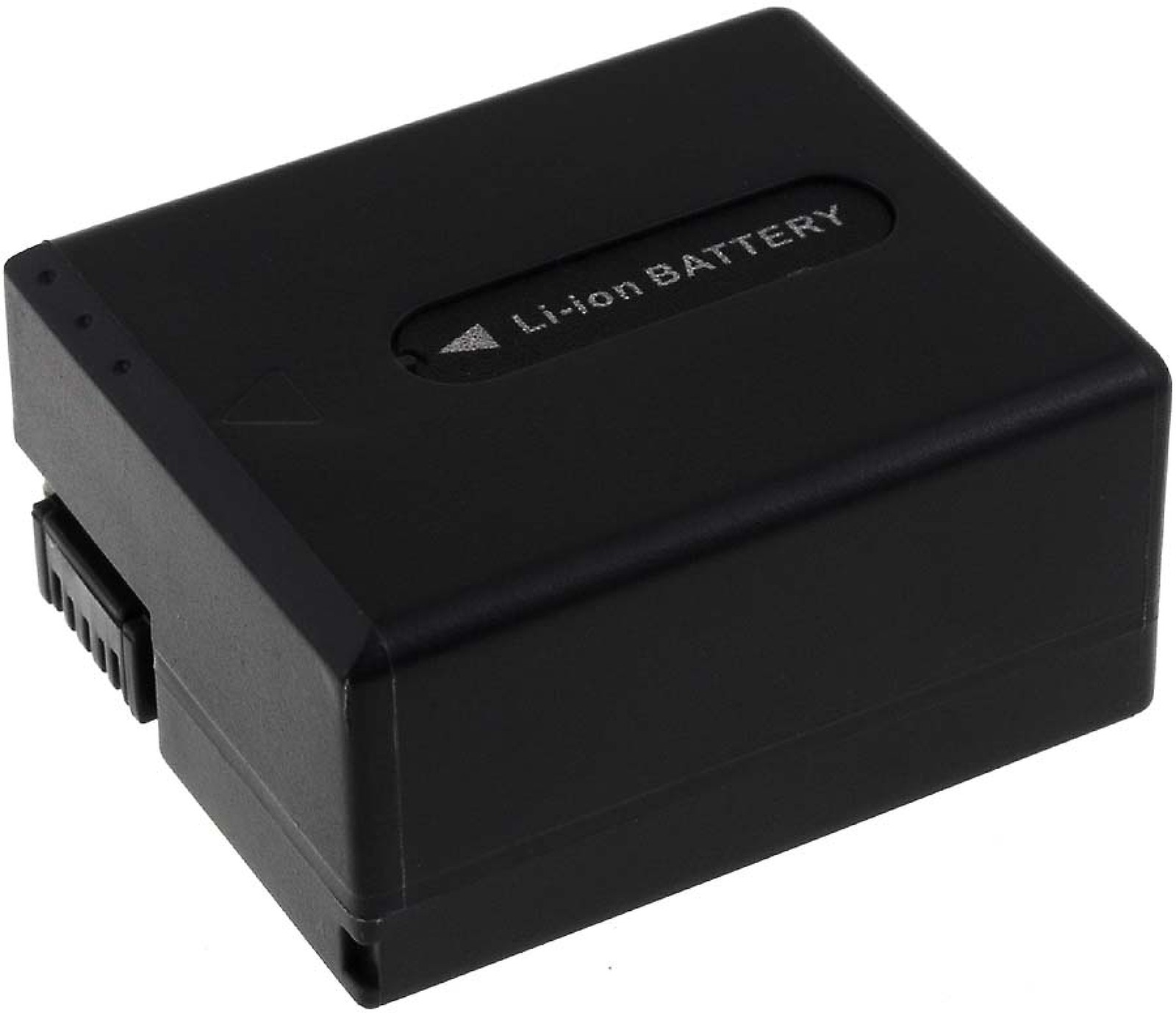 Pequeña batería Li-ion negra. Tiene etiqueta que dice Li-ion Battery y superficie negra.