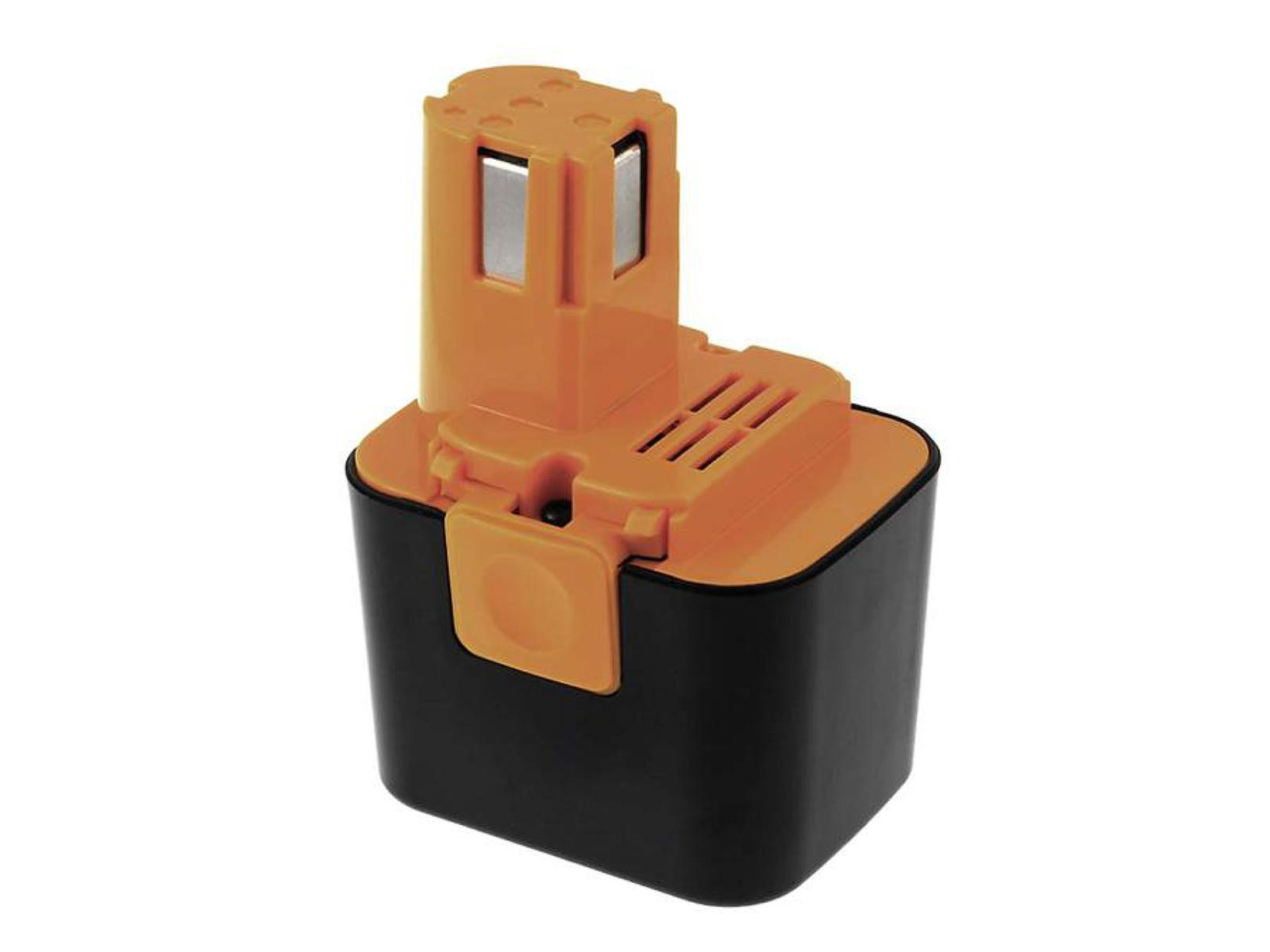 Batería naranja y negra. La parte superior es naranja y tiene forma rectangular. La parte inferior es negra y cuadrada.