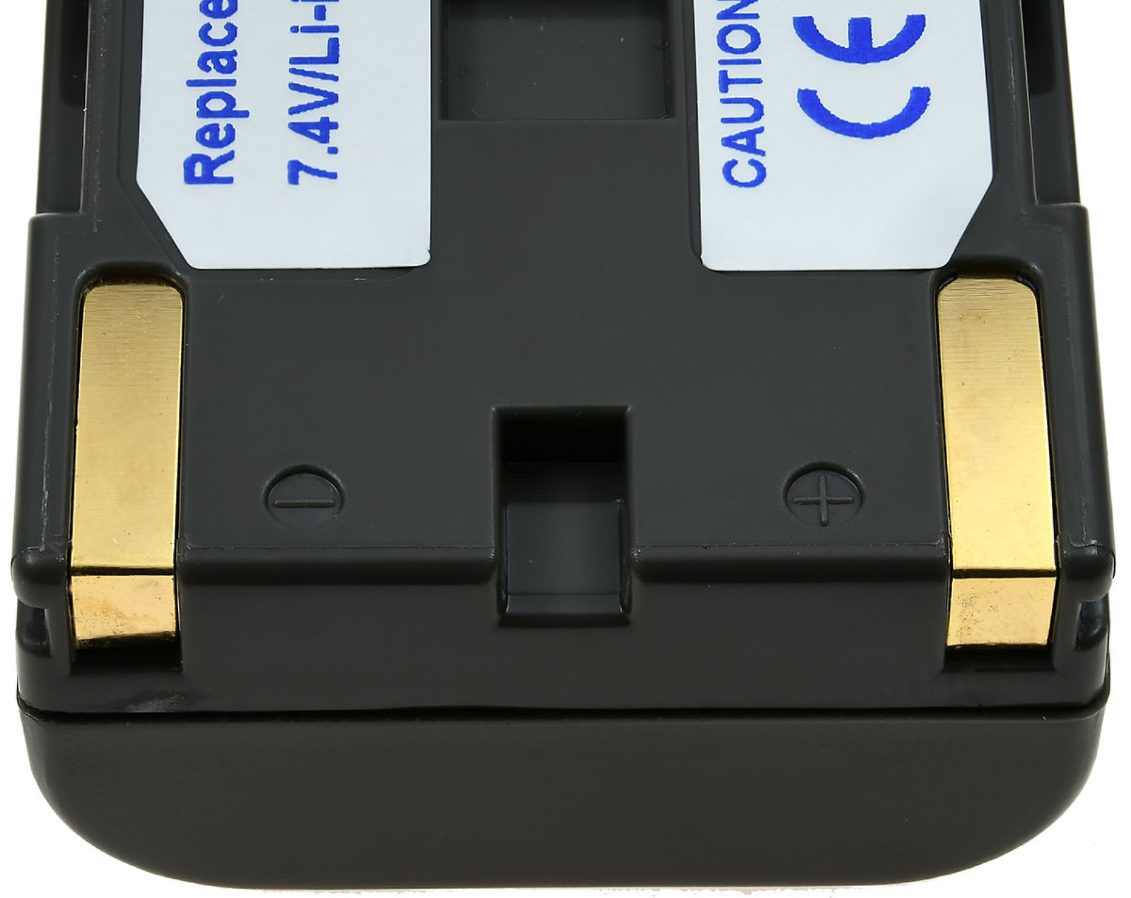 Batería negra con conectores dorados y texto. El texto incluye '7.4V/Li-ion' y una etiqueta de 'Precaución'.