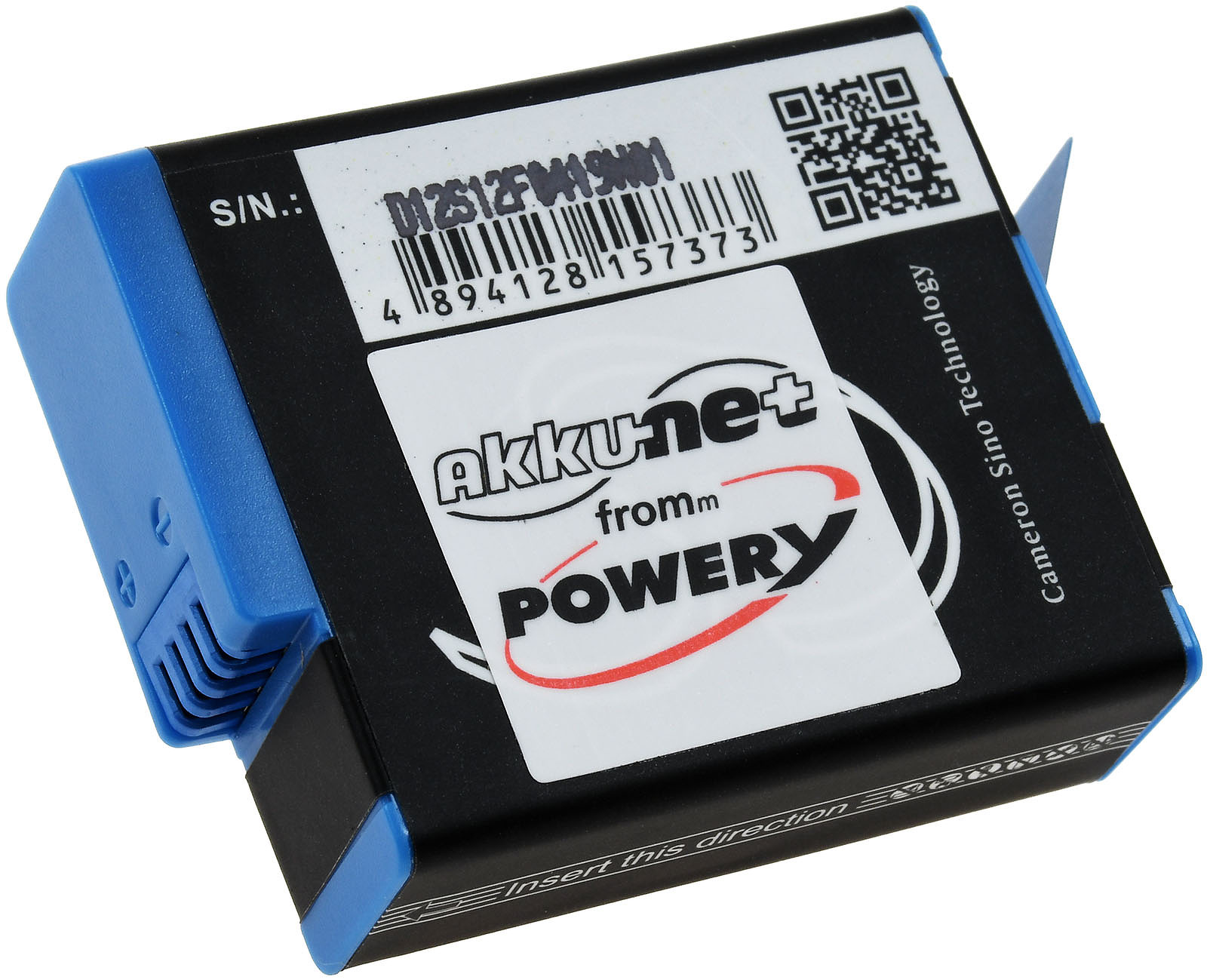 Schwarz-blaue Batterie mit weißem Text und QR-Code. Der Hintergrund ist weiß.