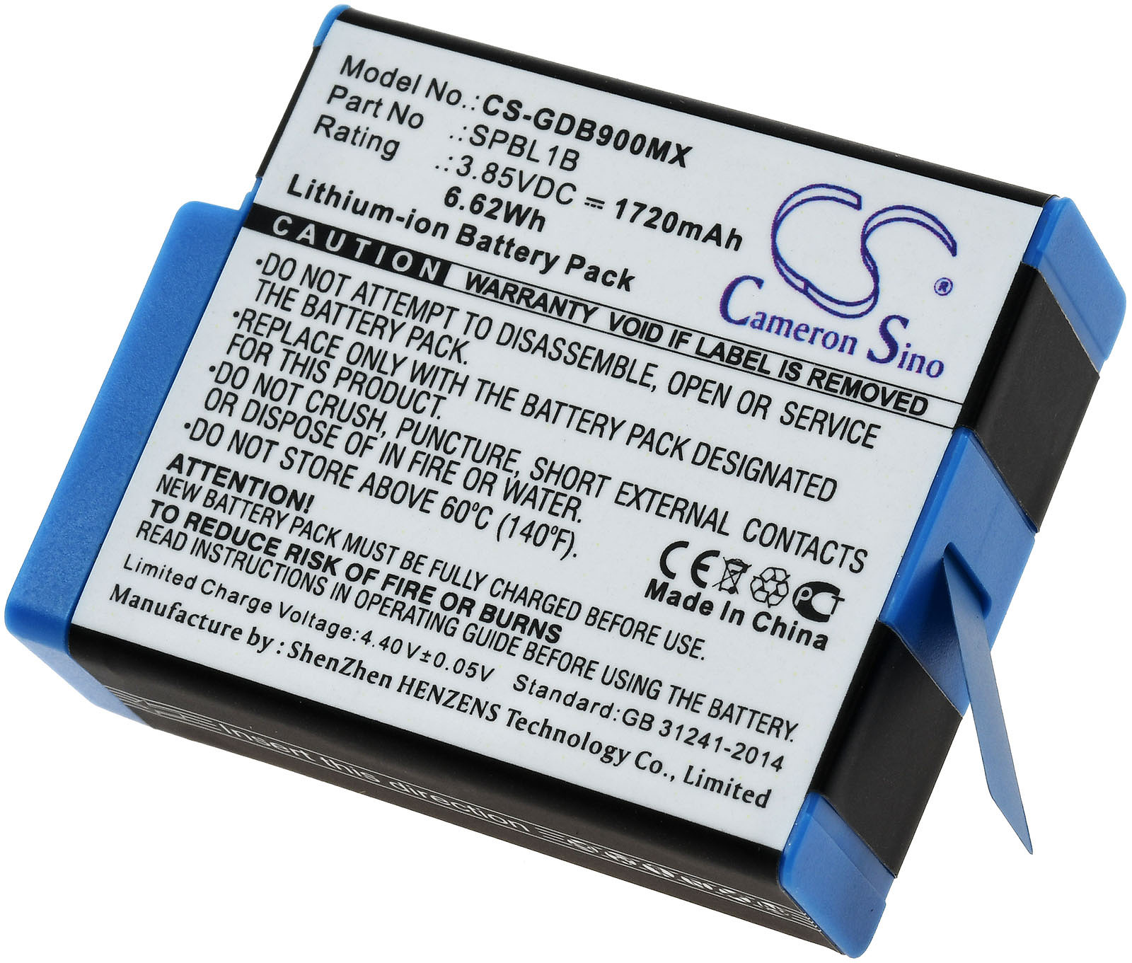 Lithium-Ionen-Akkupack mit Text und Warnhinweisen in mehreren Sprachen.