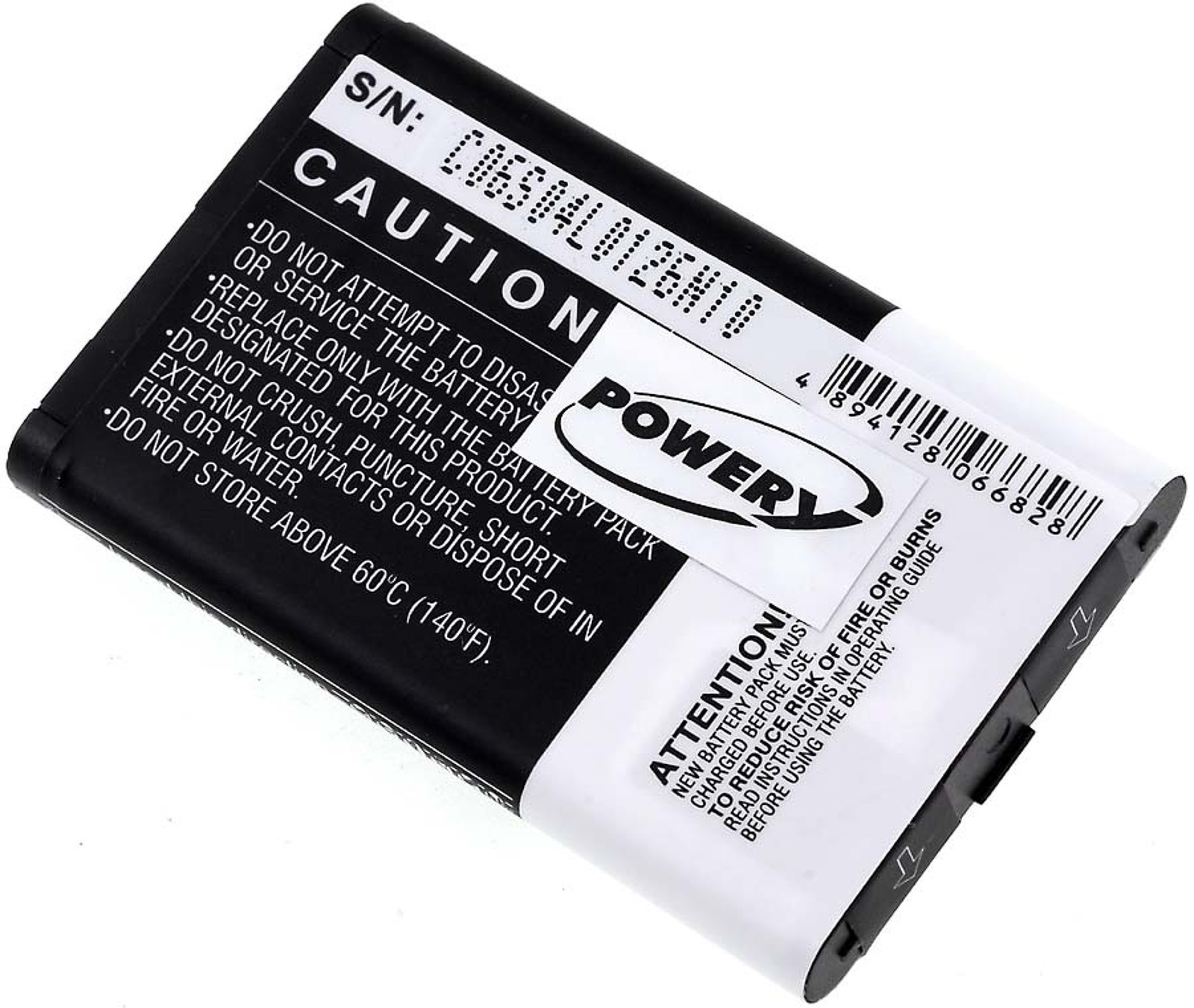 Ein schwarzes Akkupack mit einem weißen Etikett mit dem Logo 'POWER' und Sicherheitsinformationen.