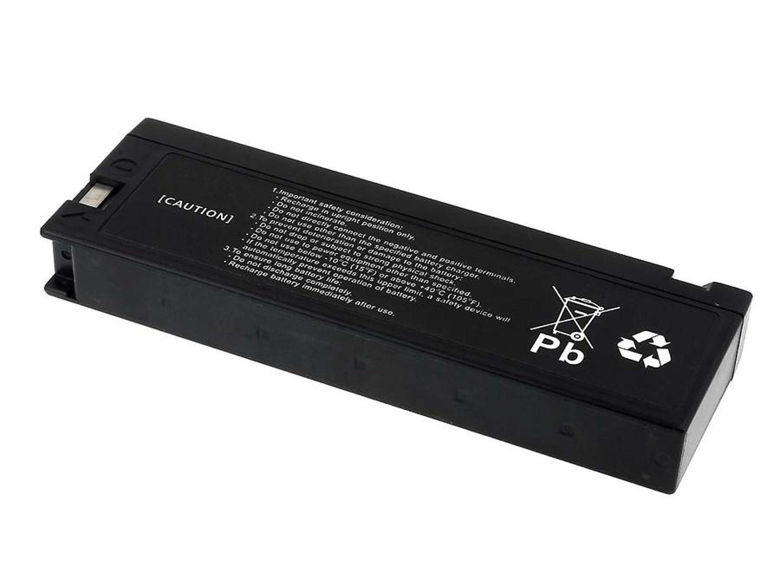 Batería rectangular negra con texto de precaución, un símbolo de reciclaje y un símbolo de plomo, sobre fondo blanco.
