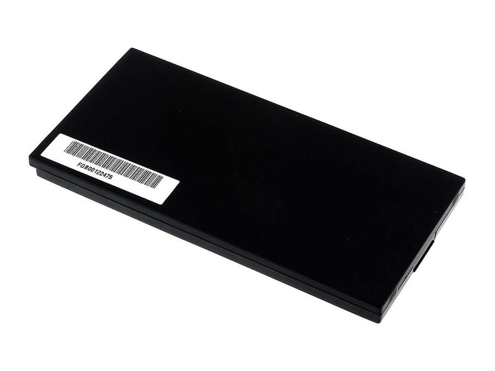 Un paquete de baterías rectangular negro con una etiqueta blanca con texto y código de barras.