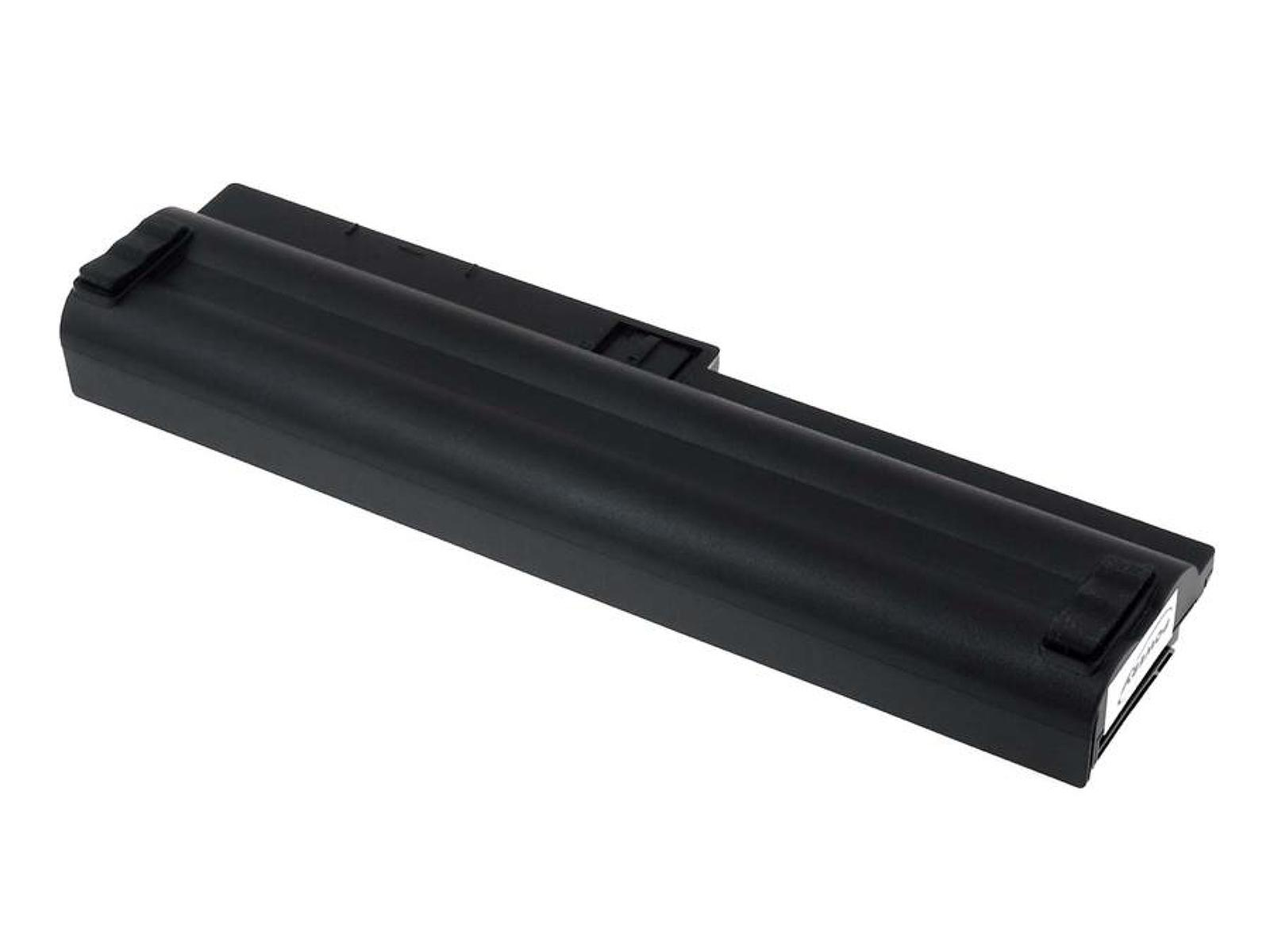Batería de portátil negra. Rectangular con esquinas redondeadas y contactos dorados.