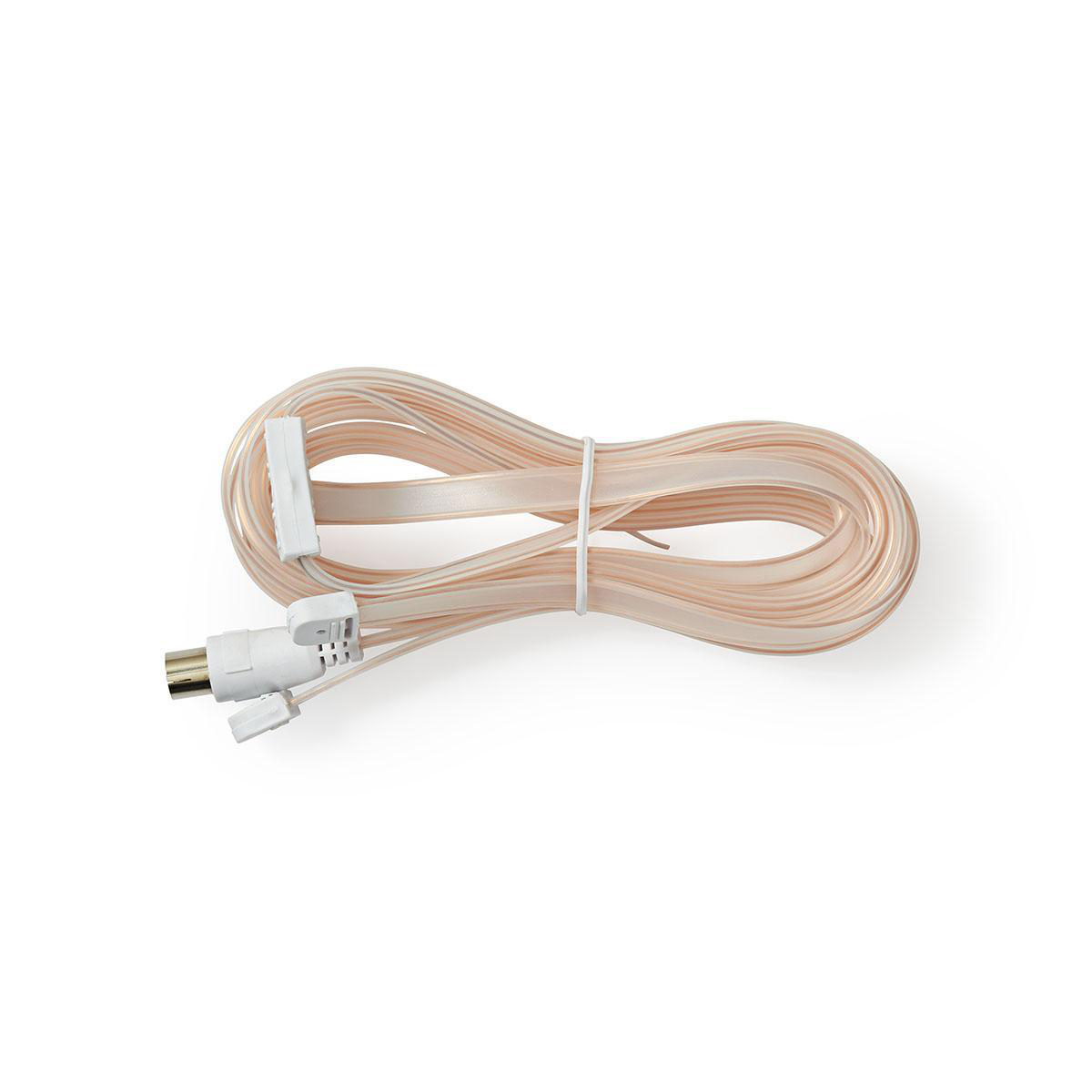 Ein aufgewickeltes beiges Kabel mit Steckern an jedem Ende, weißer Hintergrund.