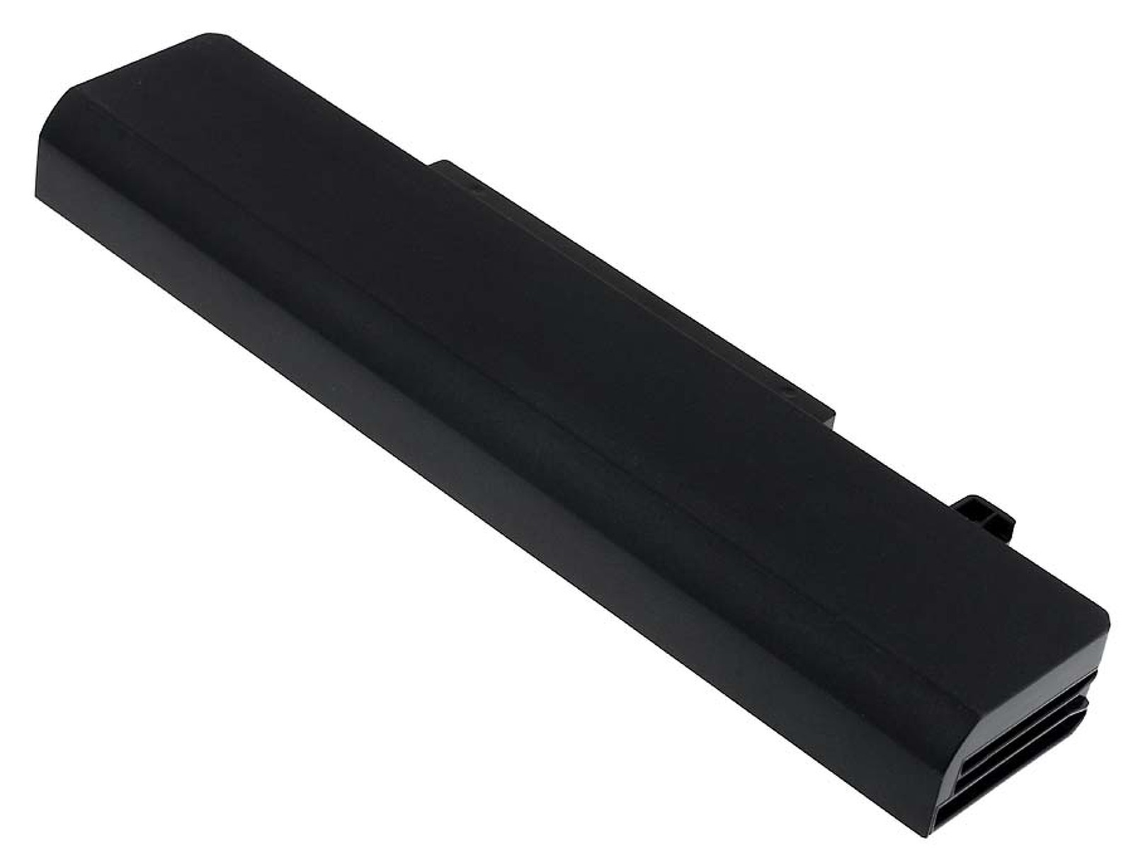 Batería de portátil negra. Forma rectangular con superficie ligeramente texturizada.