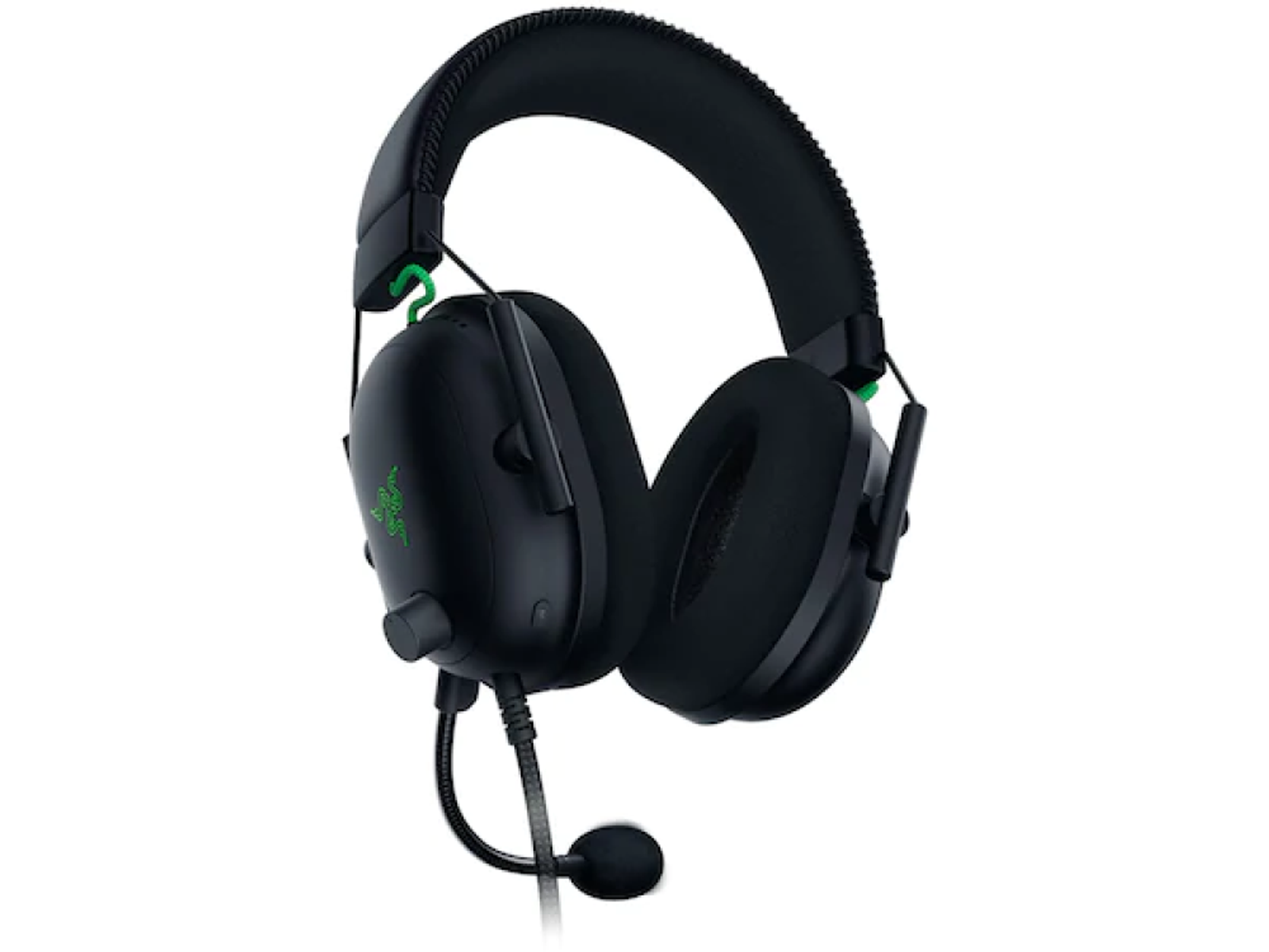Auriculares gaming Razer negros con micrófono, sobre un fondo blanco. Los auriculares tienen detalles verdes.