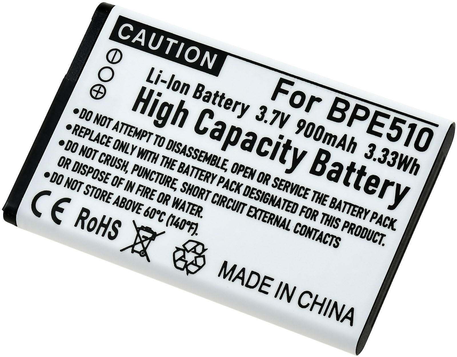 Una batería blanca con texto negro: 'High Capacity Battery', advertencias y un símbolo de reciclaje.