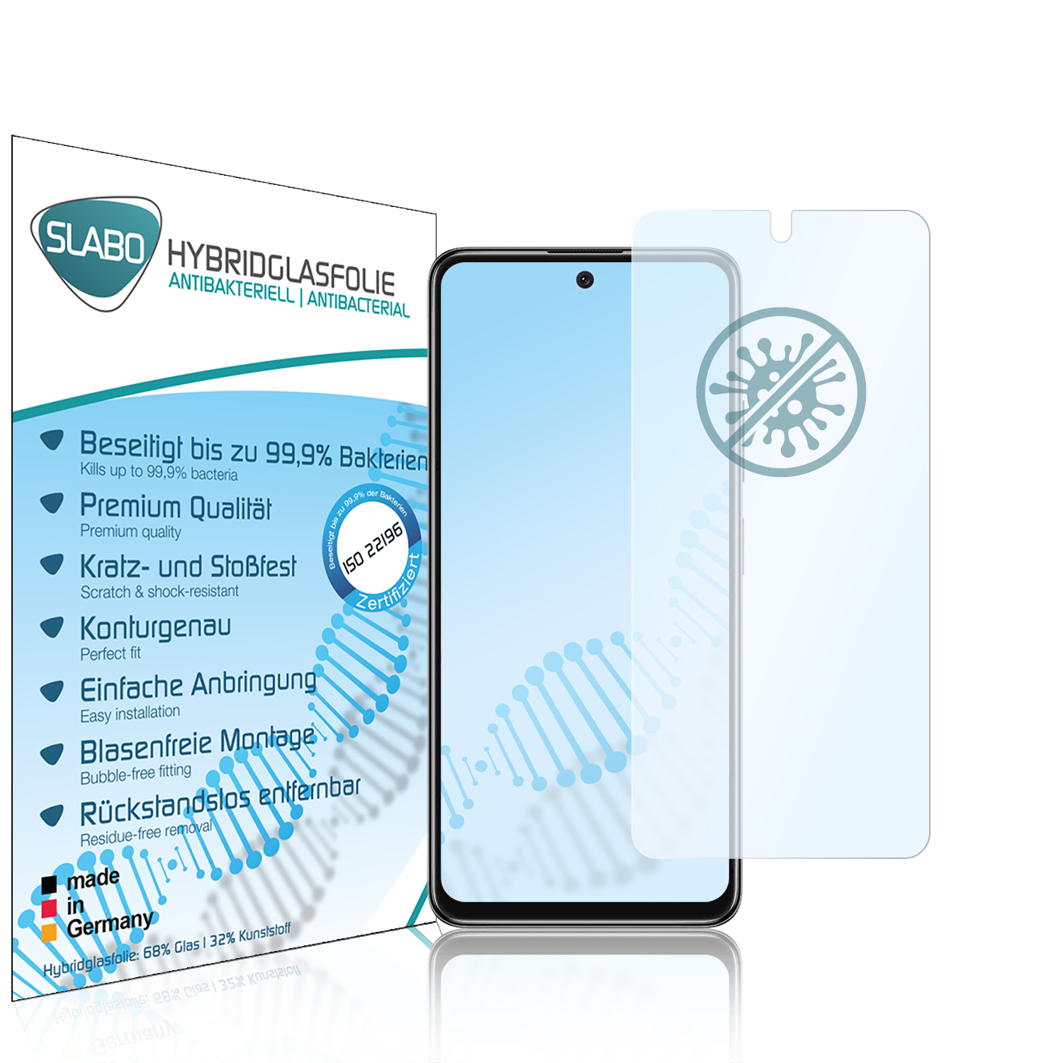 Smartphone mit Displayschutzfolie und Verpackung. Der Schutz befindet sich auf dem Telefon und daneben.