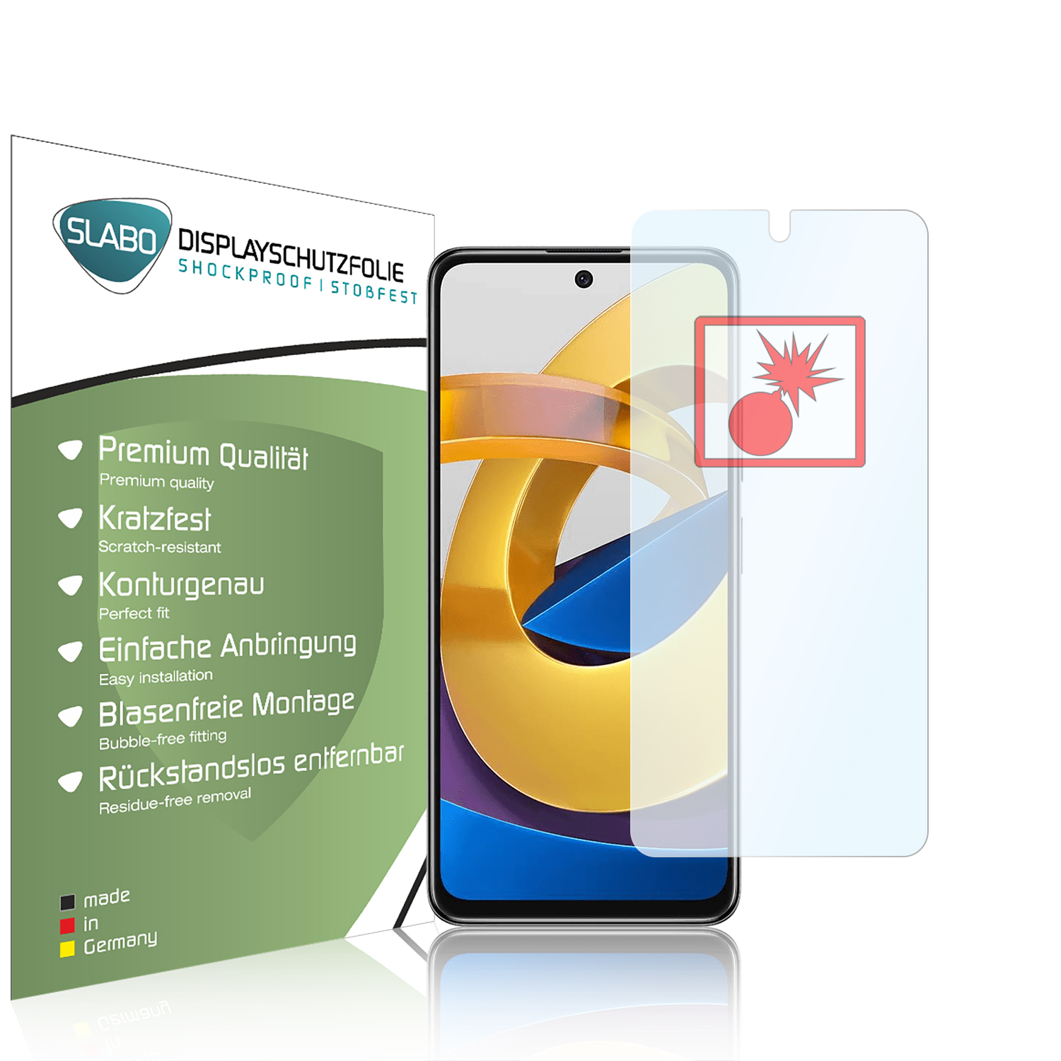 Ein Displayschutz, ein Telefon, eine Box mit Funktionen und ein rotes Explosionssymbol.