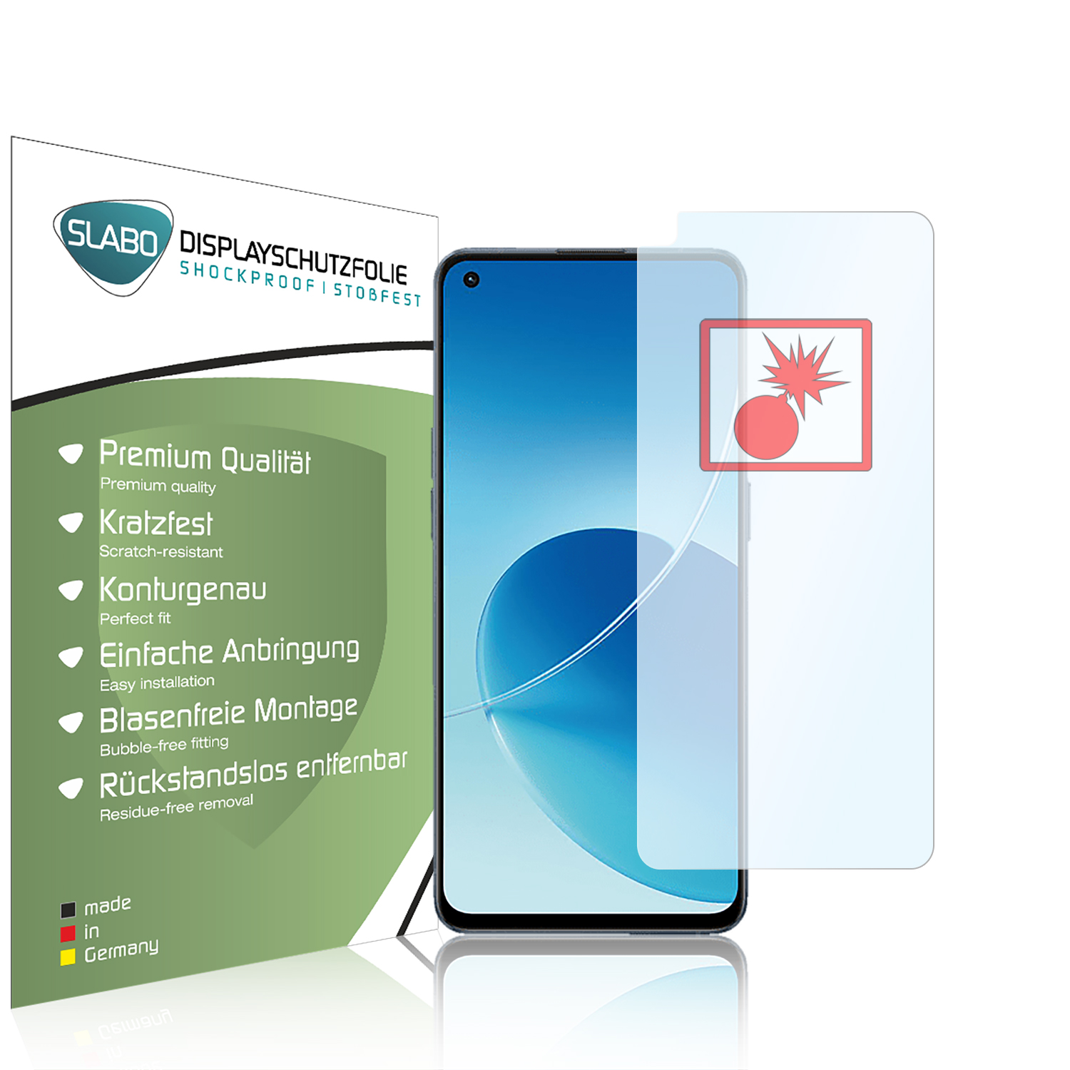 Displayschutzfolie mit einem Telefon und einer Verpackung mit Produktdetails.