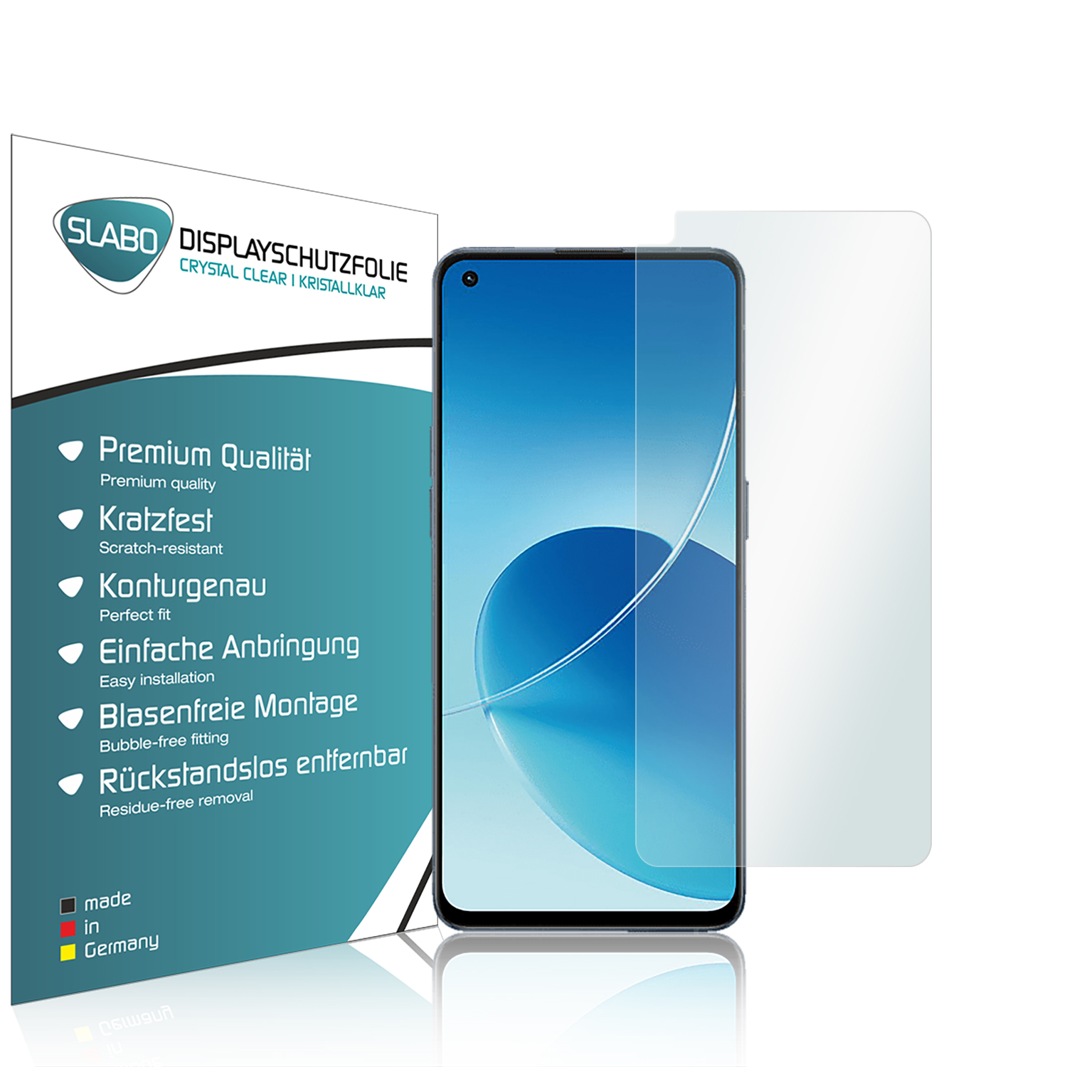 Telefon mit Displayschutzfolie und Verpackung. Schutzfolie ist auf dem Telefon.