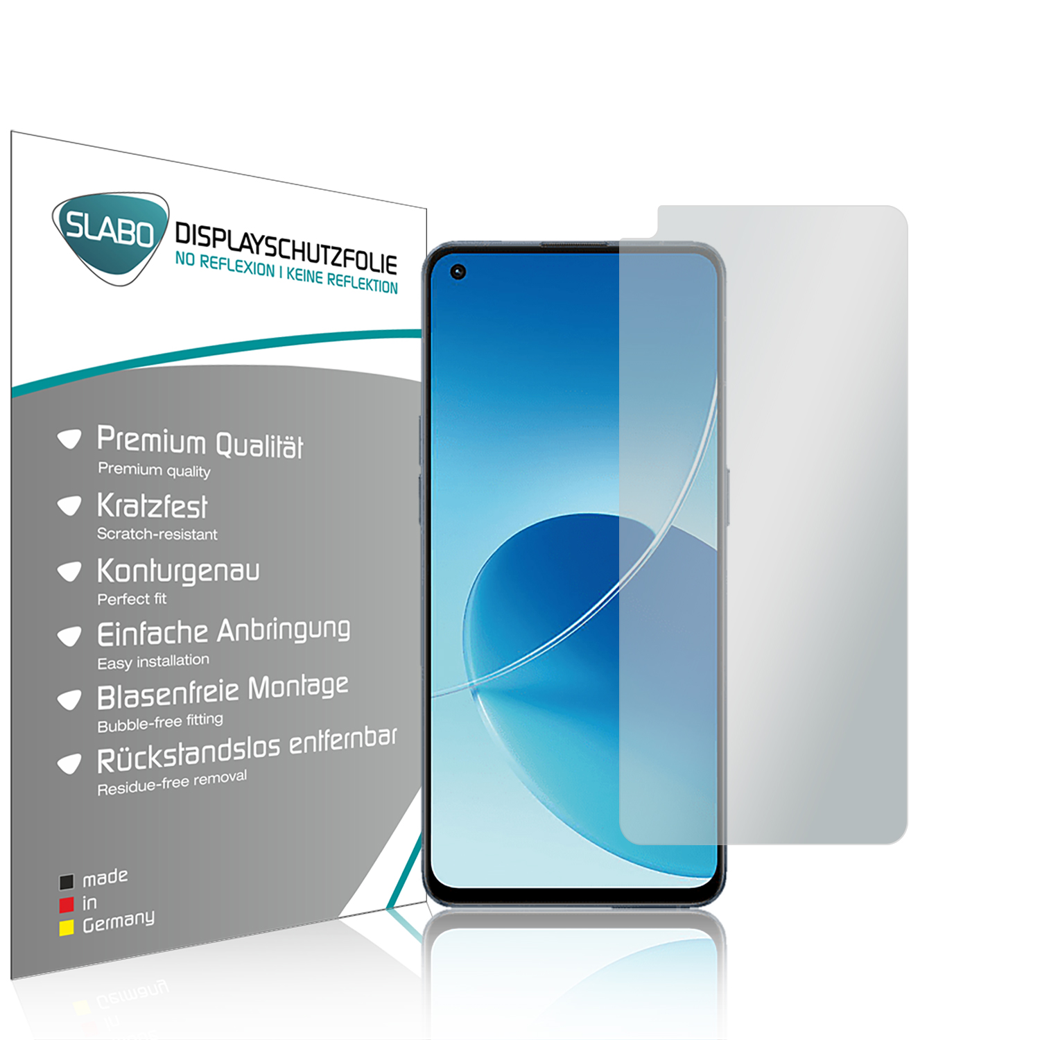 Displayschutzfolien-Verpackung und Telefon mit blauem Bildschirm. Text auf der Verpackung. Weißer Hintergrund.