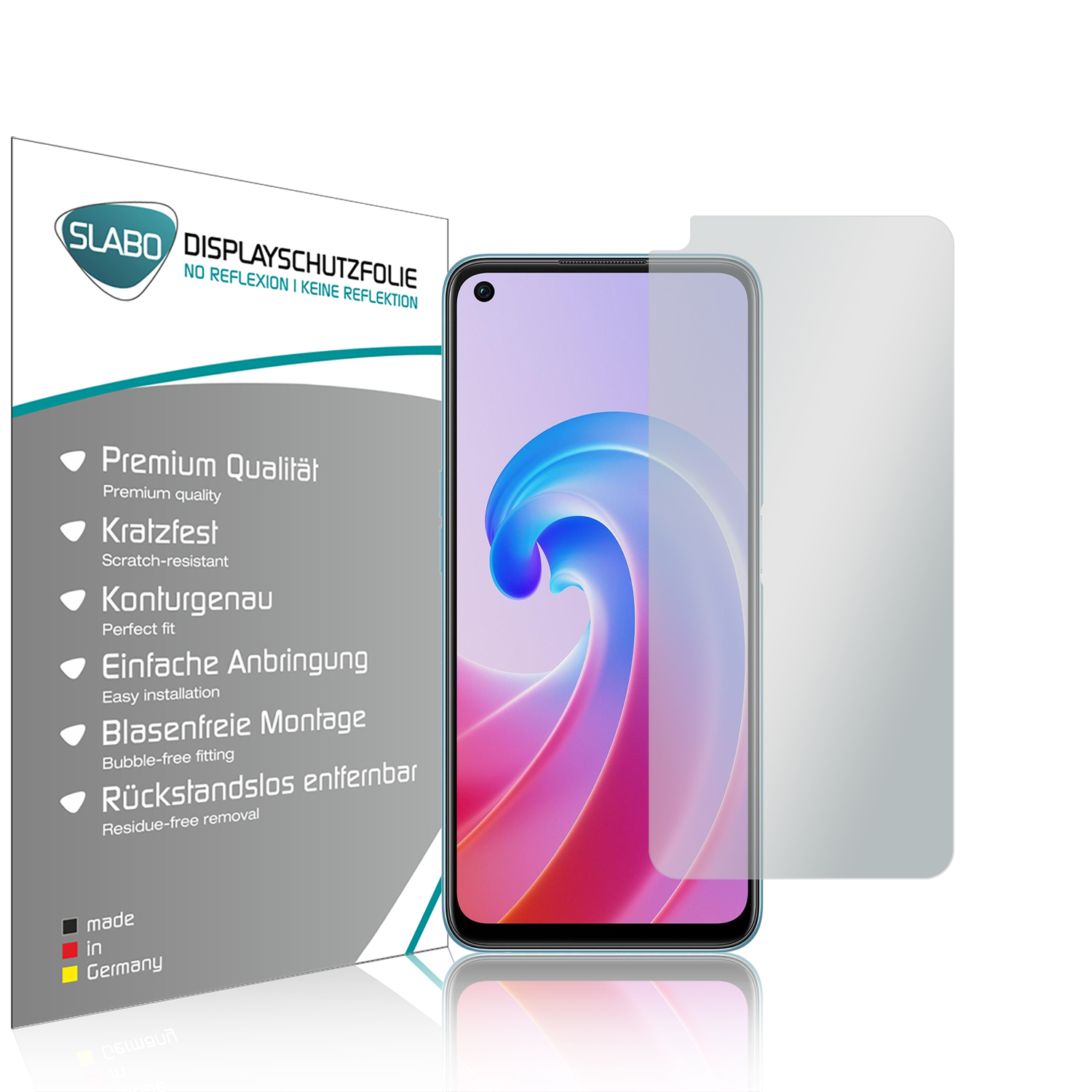 Telefon mit Displayschutz, eine Box mit Text über den Schutz und ein klarer Schutz.