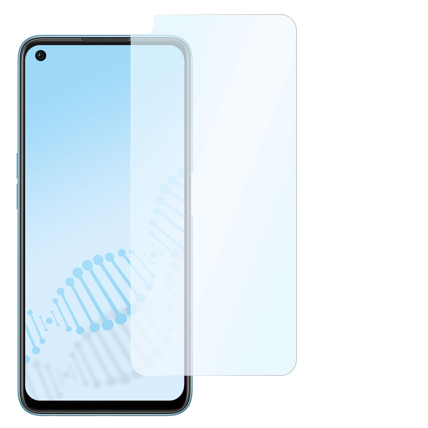 Ein Smartphone mit angebrachtem Displayschutz. Das Telefon ist hellblau und hat eine Tropfenkamera.