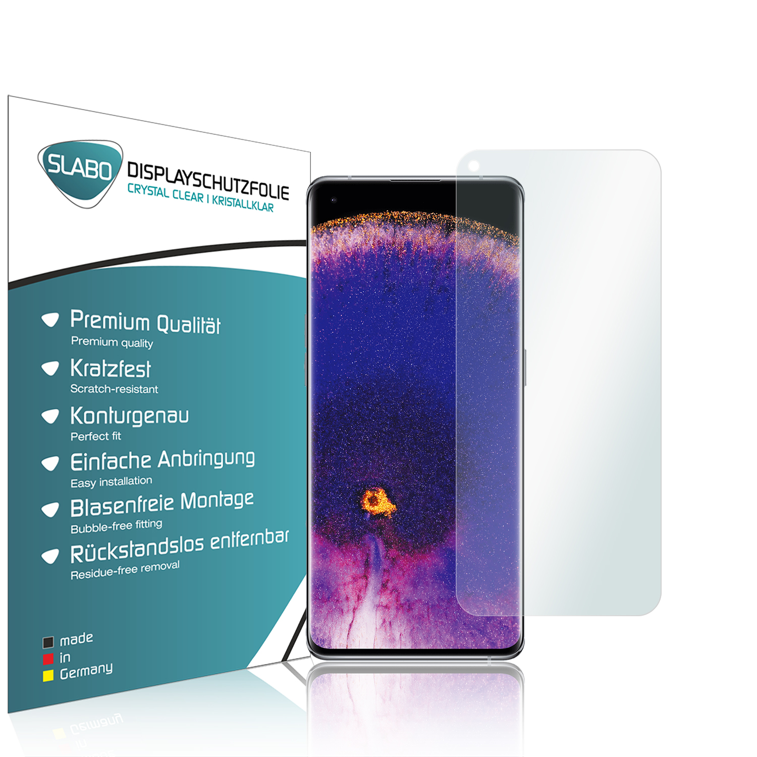 Displayschutzfolie mit Verpackung und Telefon.