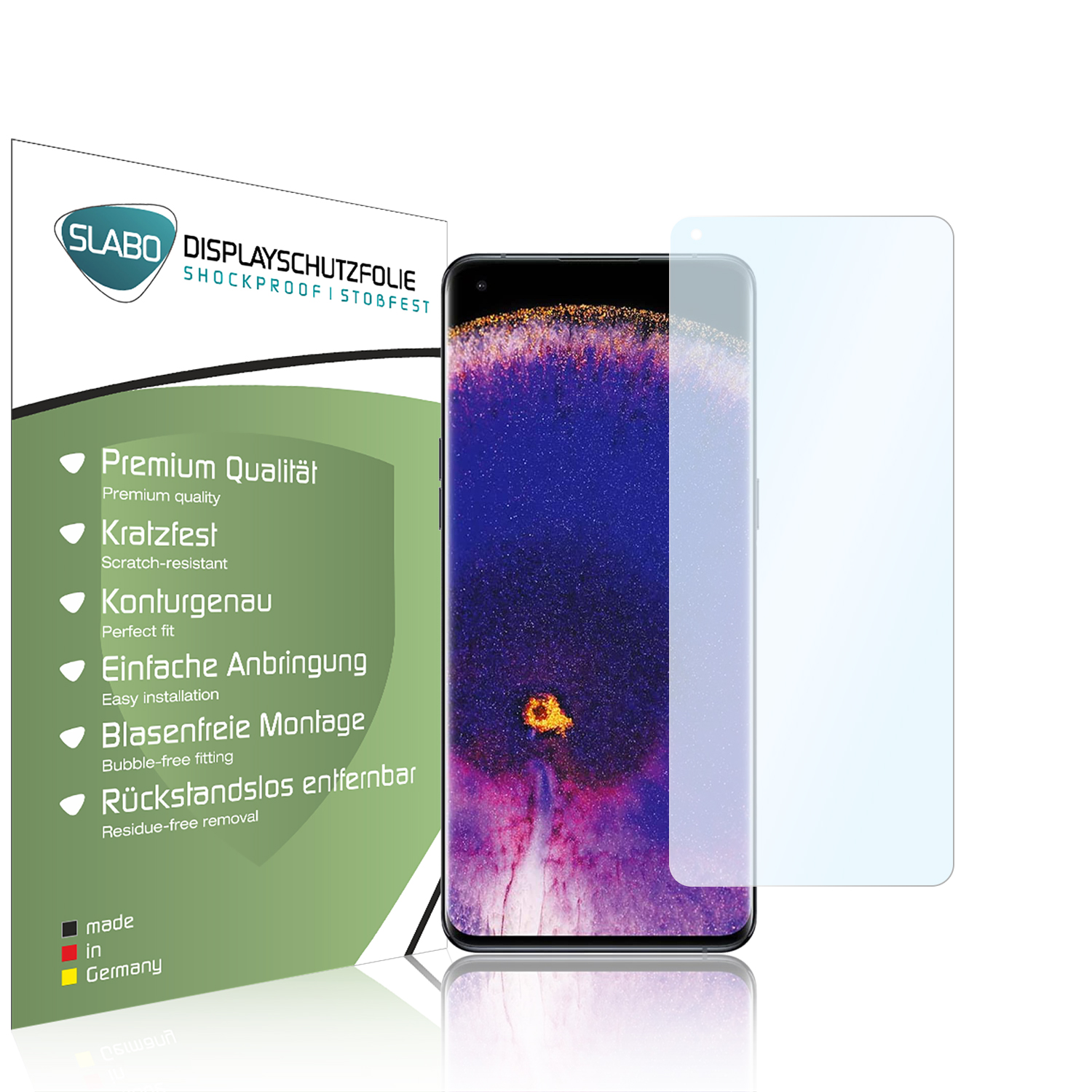 Displayschutzfolie für ein Telefon und das Telefon selbst. Der Schutz ist klar mit Text auf der Verpackung.