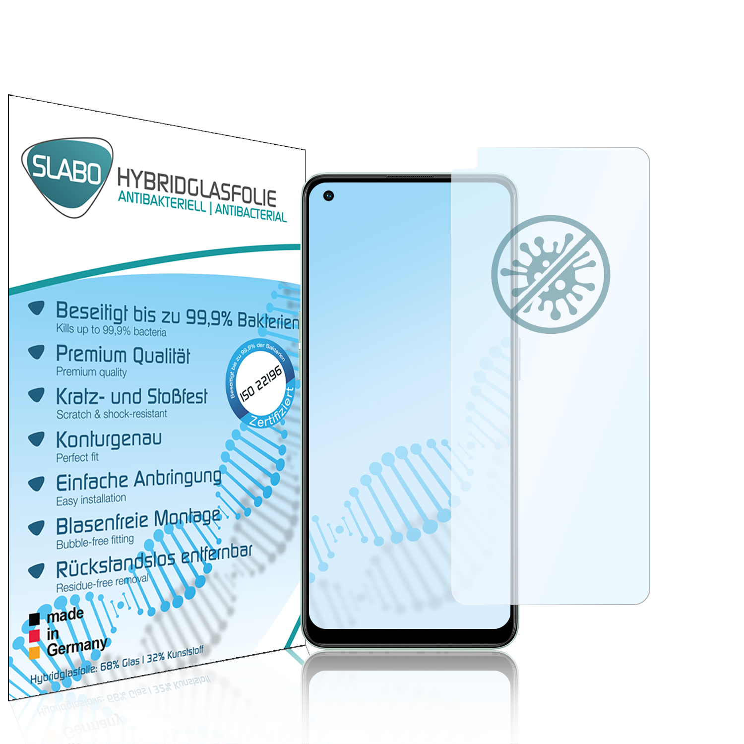 Smartphone mit Displayschutzfolie und Verpackung. Der Schutz befindet sich auf dem Telefon und daneben.