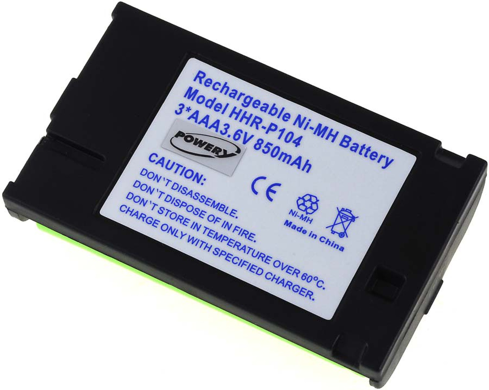Batería rectangular negra con etiquetas, borde verde y fondo blanco.