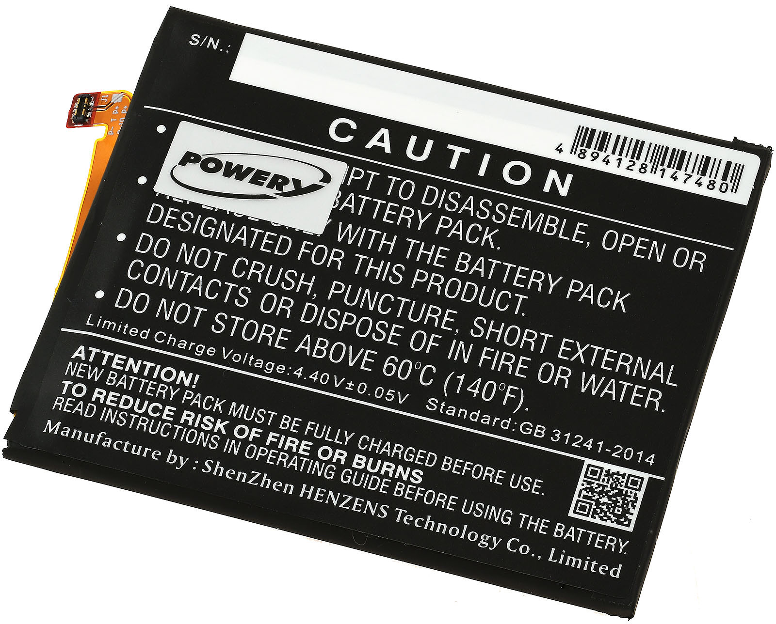 Paquete de baterías con advertencias. Etiqueta de precaución, blanco y negro con texto.