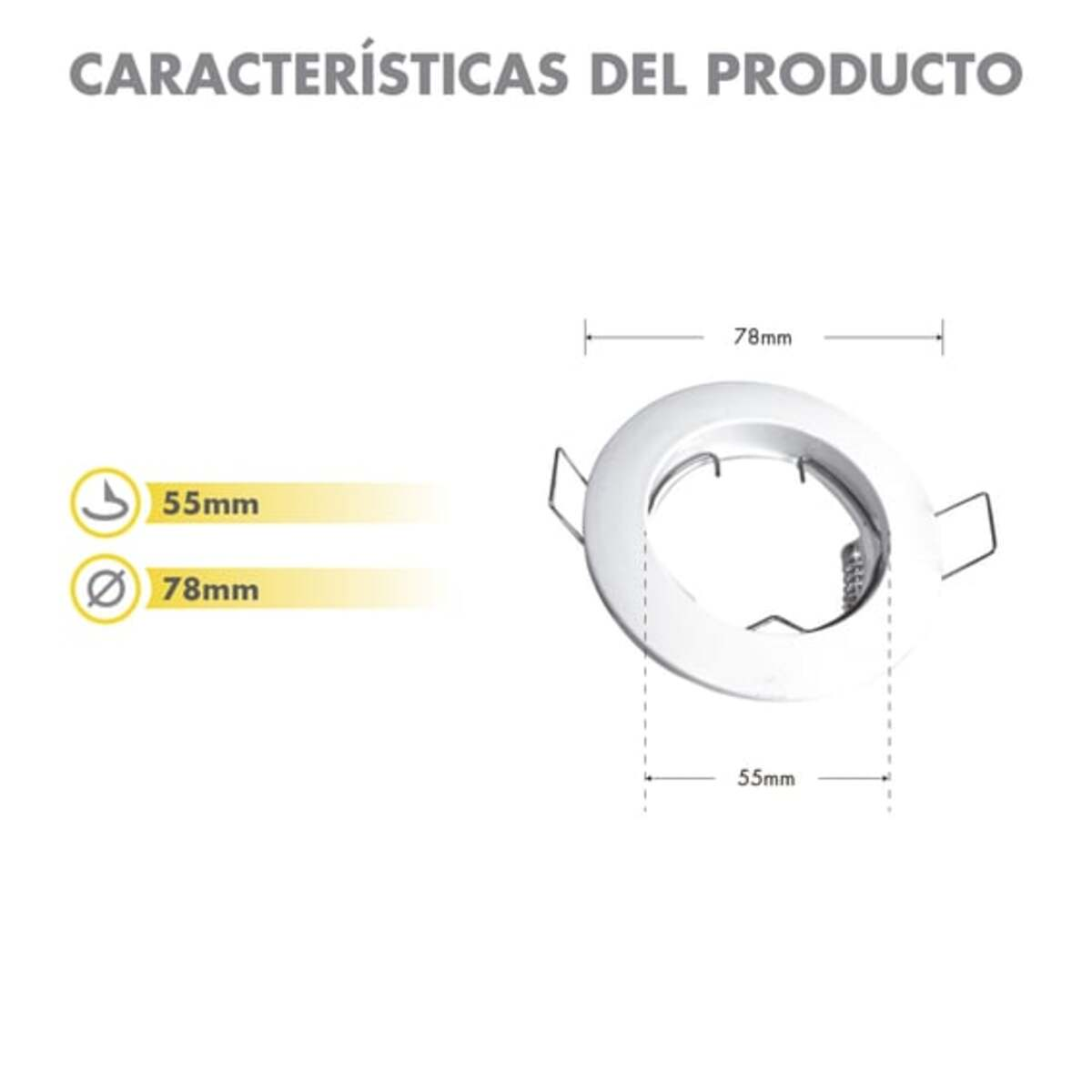 Diagrama que muestra dimensiones para una lámpara empotrada. Medidas son 55mm y 78mm.