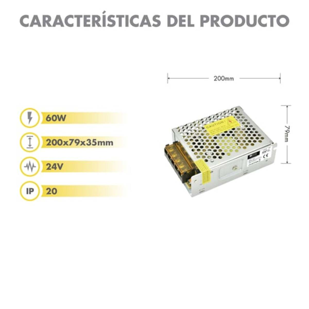 Fuente de alimentación metálica con etiquetas y dimensiones. Es una fuente de 60W, 24V con IP20.