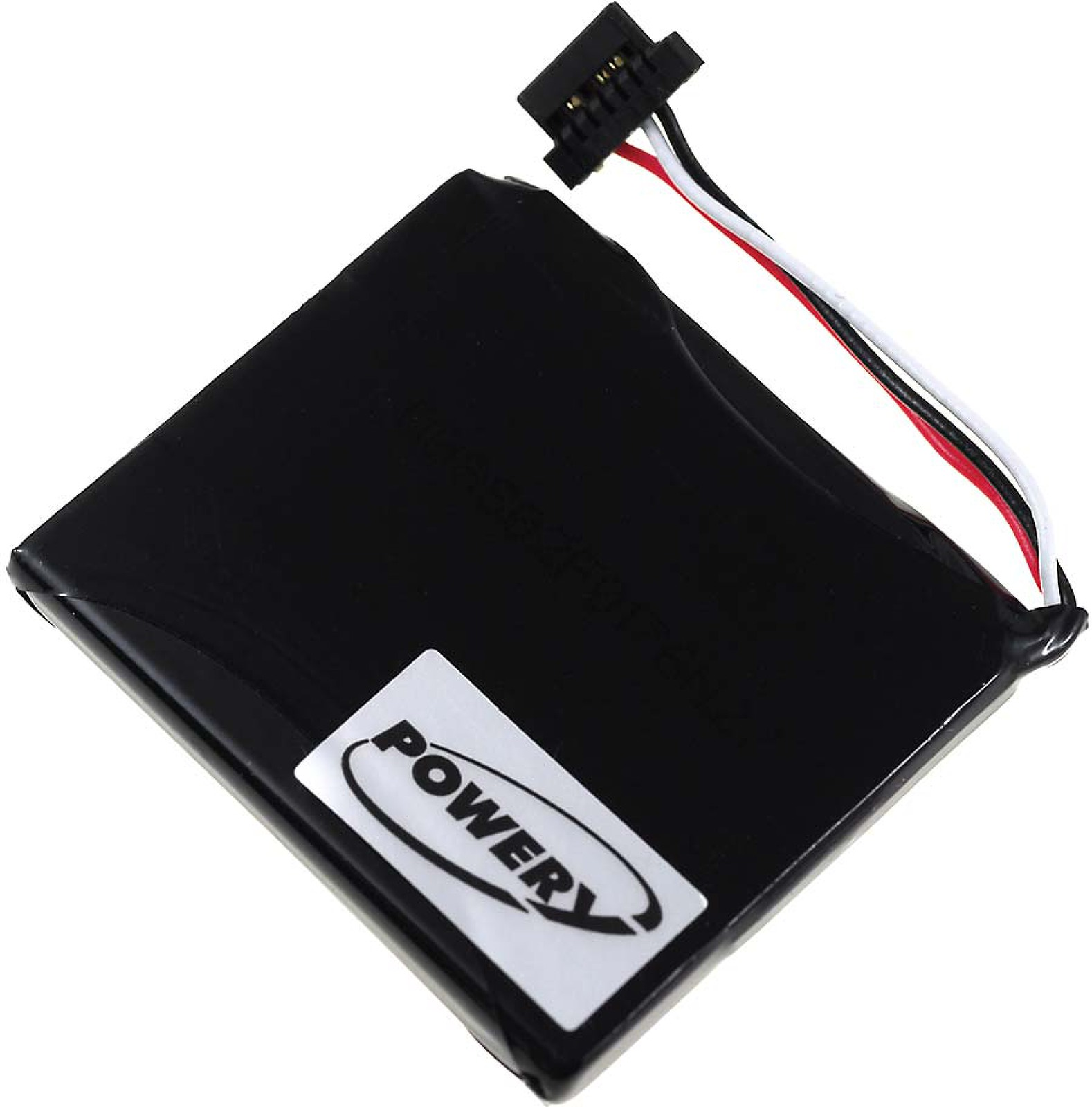 Una batería negra con una etiqueta Power y cables, con un conector.
