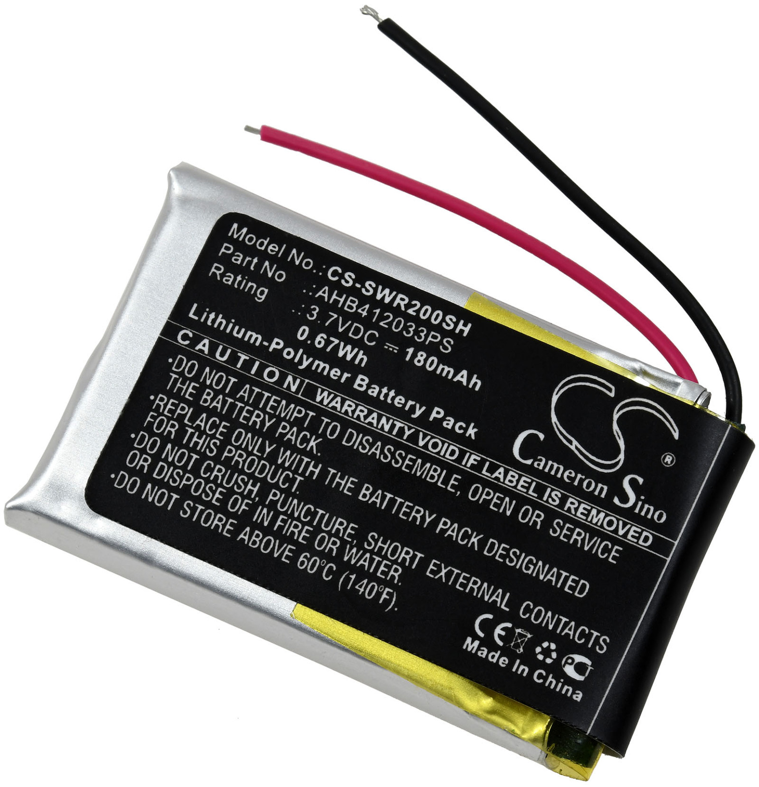 Lithium-Polymer-Akkupack mit Kabeln und einem Etikett mit Warnhinweisen, 'Made in China'.