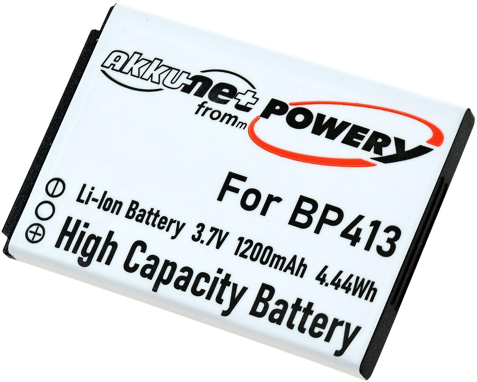 Una batería blanca con texto negro: 'High Capacity Battery', logotipo de la marca y detalles técnicos.