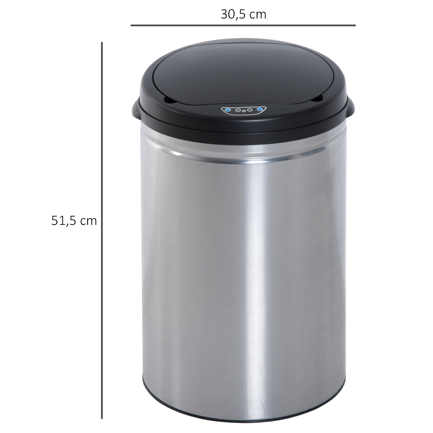 Contenedor de basura de acero inoxidable con tapa negra, medidas en cm.