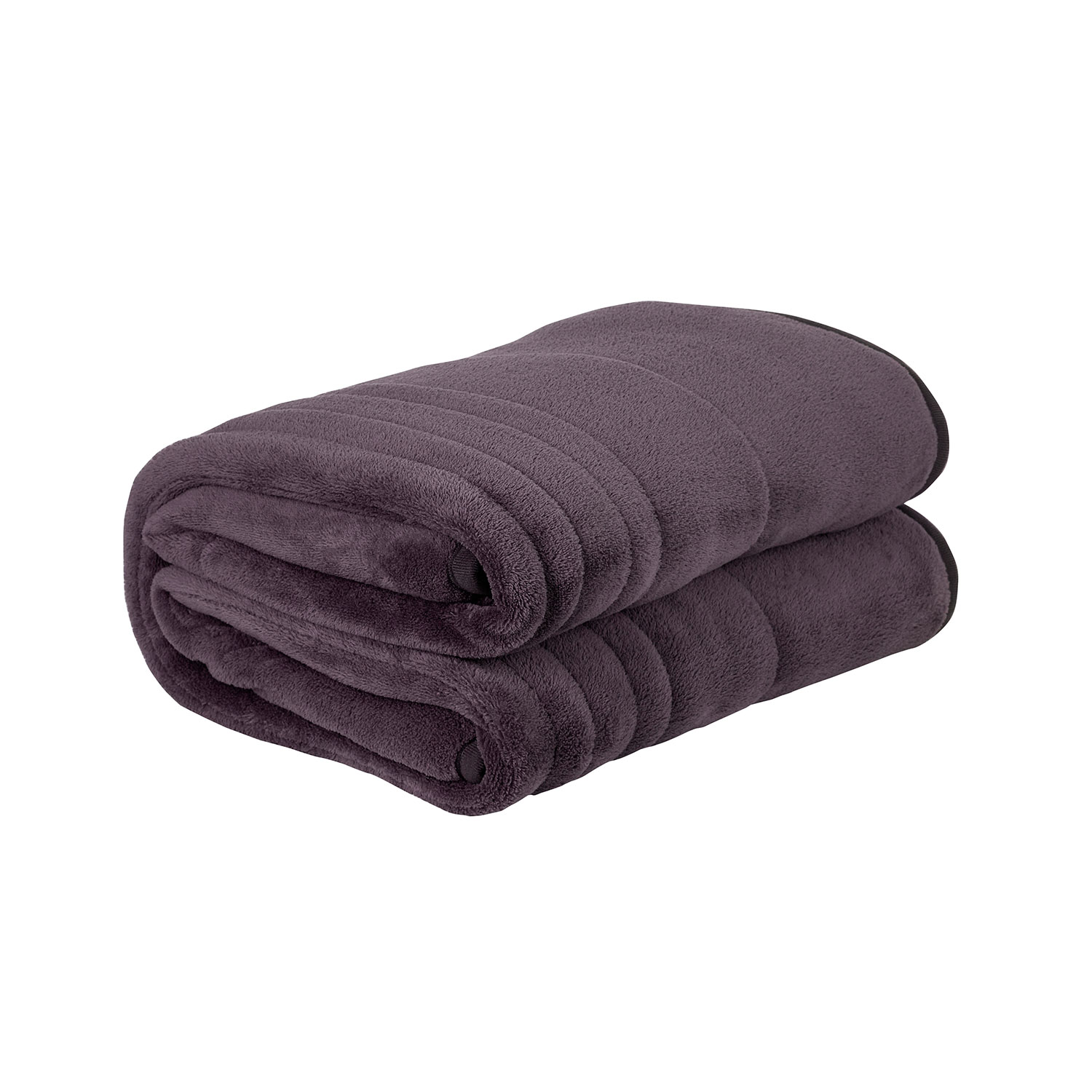 Una coperta viola piegata. Ha una superficie strutturata e bordi neri.
