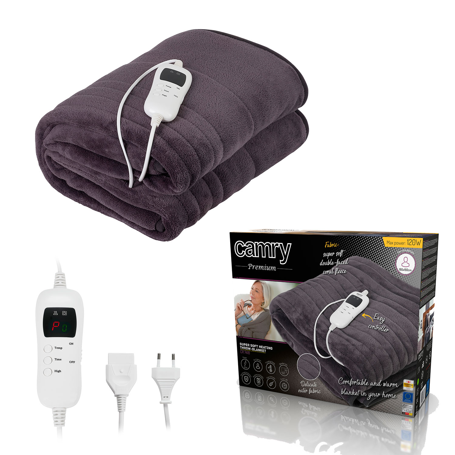 Coperta elettrica con un controller e una scatola, che mostra le caratteristiche del prodotto.