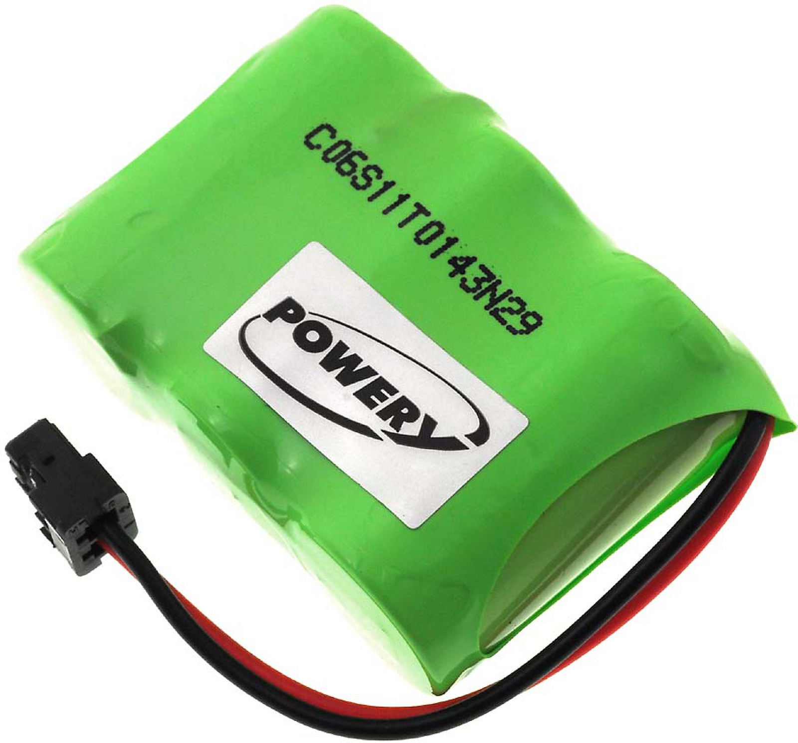 Batería cilíndrica verde con etiqueta blanca y cables negro y rojo adjuntos, con un conector negro.