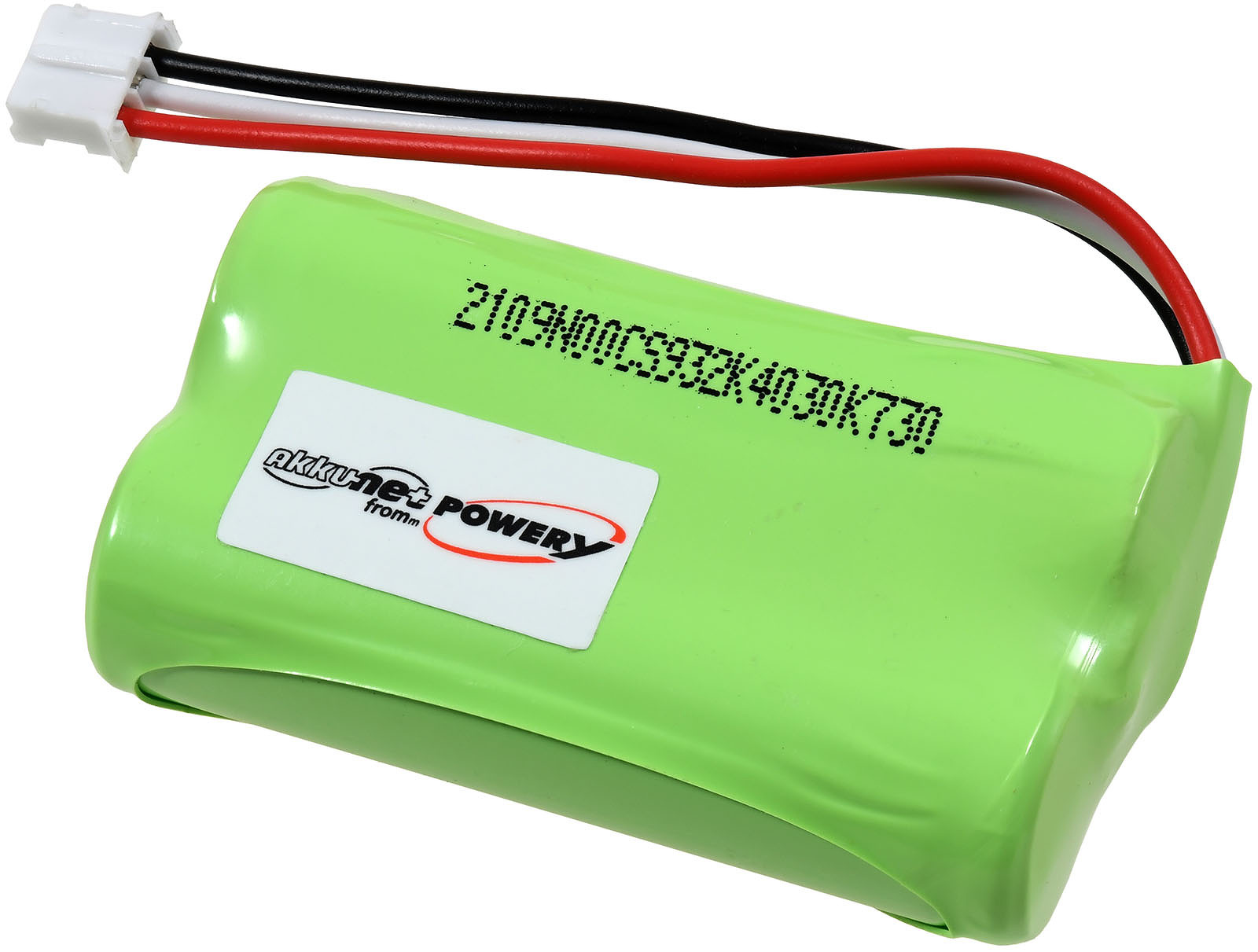 Grüne Batterie mit weißem Aufkleber und Drähten. Text auf der Batterie: 2109...4030K730.