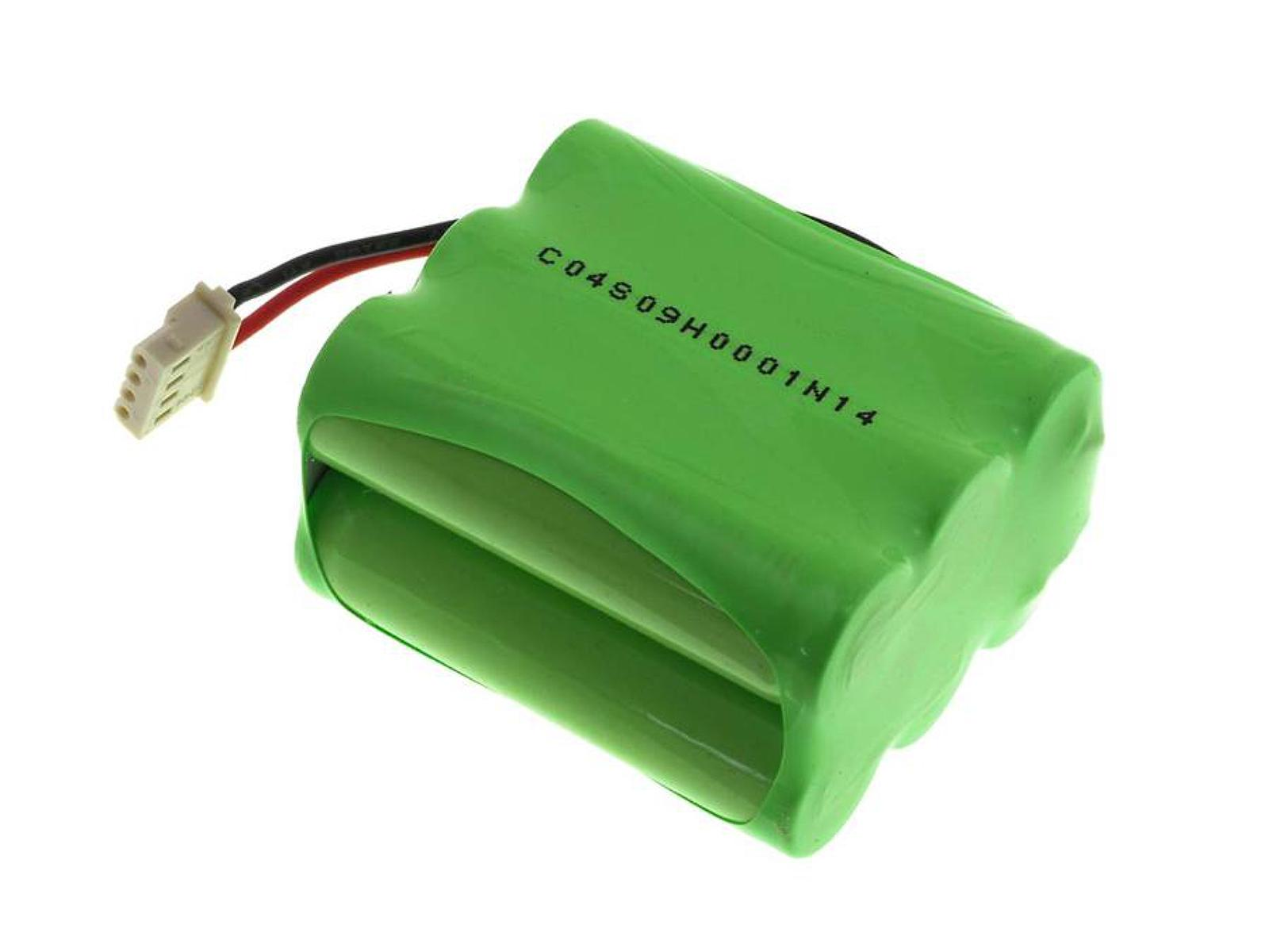 Grünes Akku-Pack mit weißem Stecker. Es hat Text: C04S09H0001N14. Nahaufnahme.