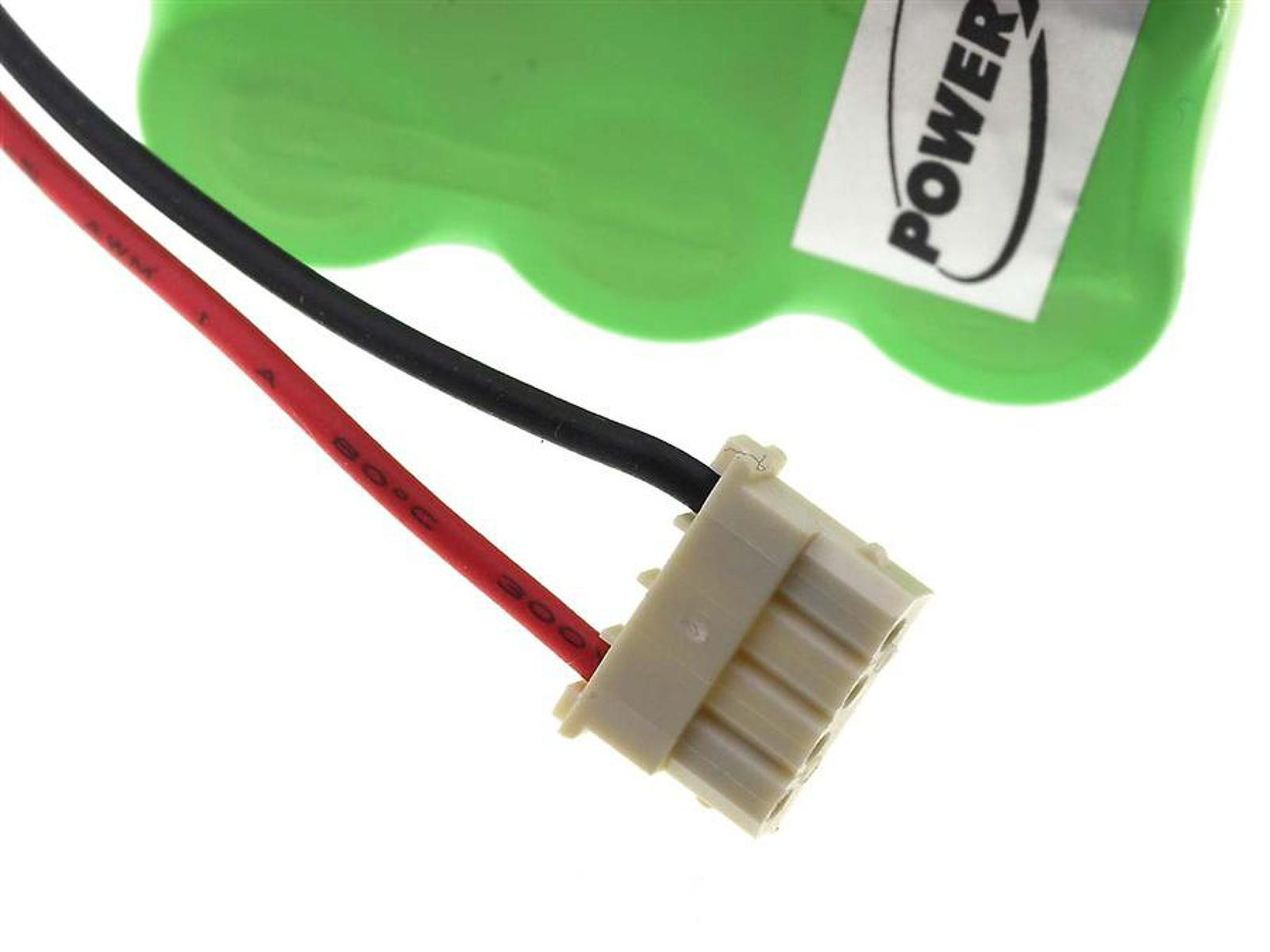 Grüne Batterie mit roten und schwarzen Drähten und einem weißen Stecker.
