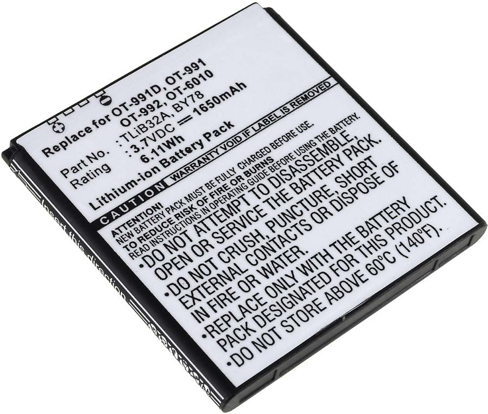 Una batería rectangular negra con texto blanco. Tiene una etiqueta de advertencia.