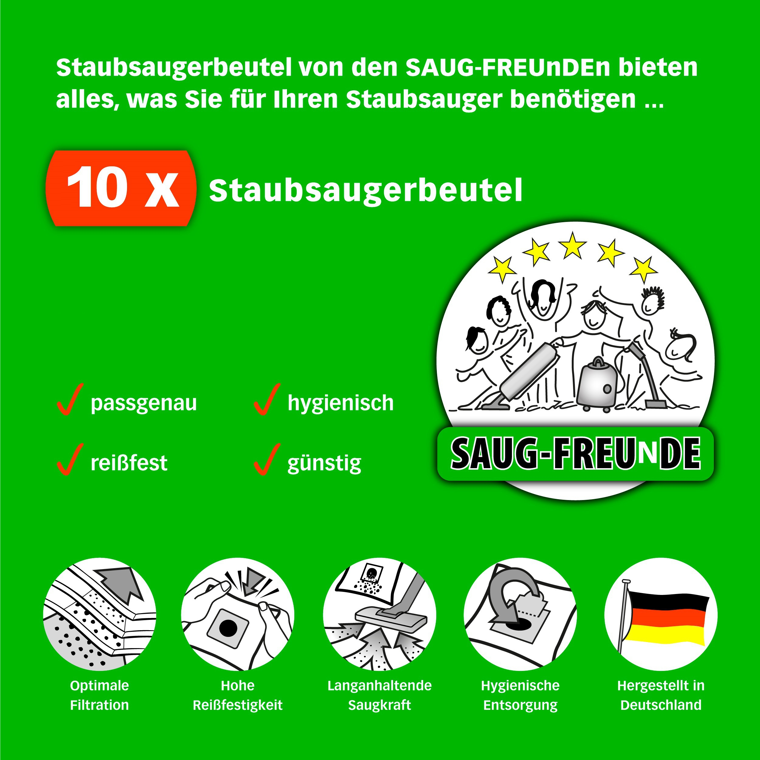 Grüner Hintergrund mit Text über Staubsaugerbeutel und Icons. '10 X Staubsaugerbeutel' ist sichtbar.