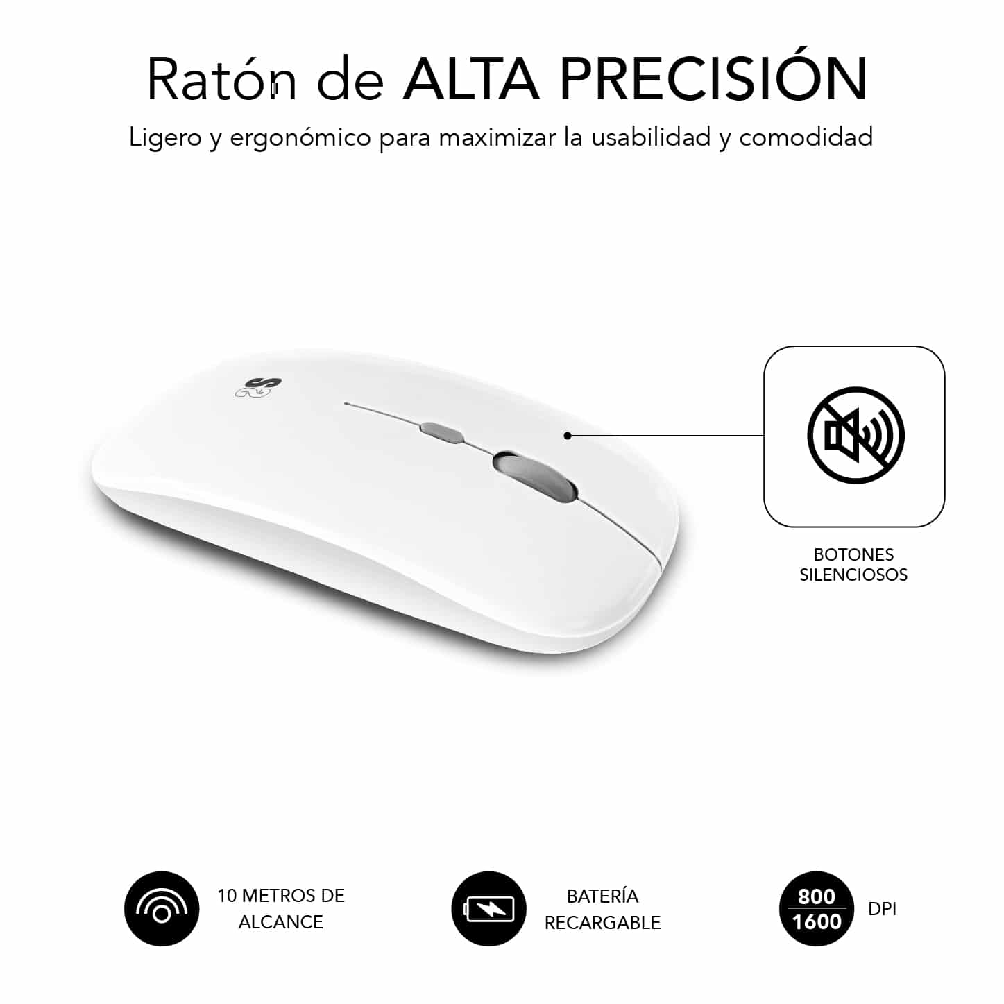 Ratón inalámbrico blanco con un botón negro e iconos que muestran funciones como alcance y DPI.