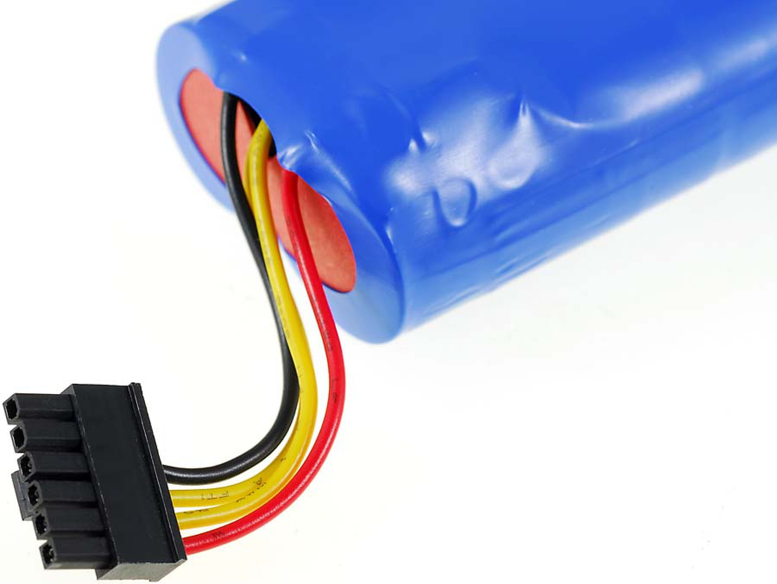 Blaue Batterie mit Drähten umwickelt, ein schwarzer Stecker ist angebracht. Drähte sind rot, schwarz und gelb.
