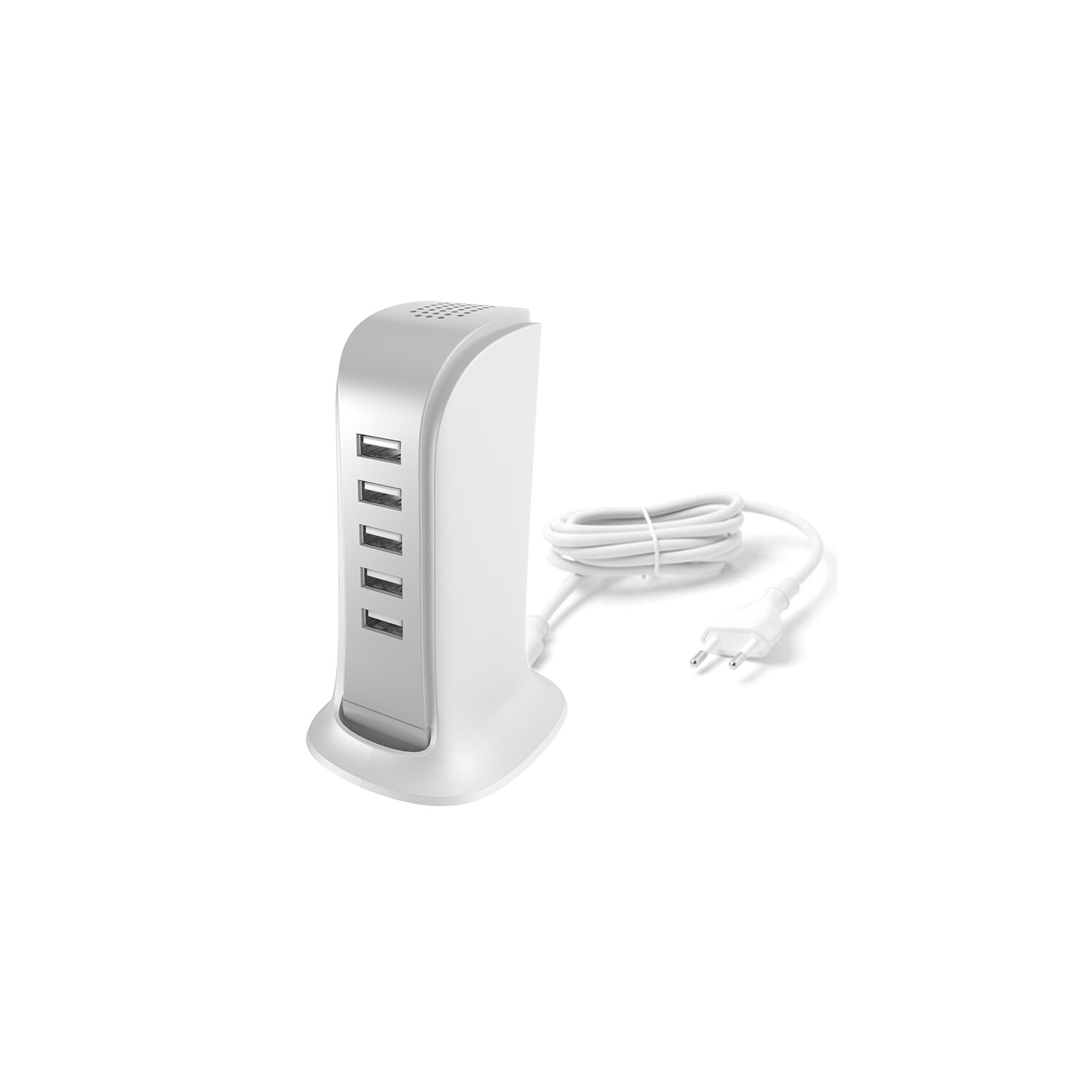 Eine weiße USB-Ladestation mit mehreren USB-Anschlüssen und Netzkabel.