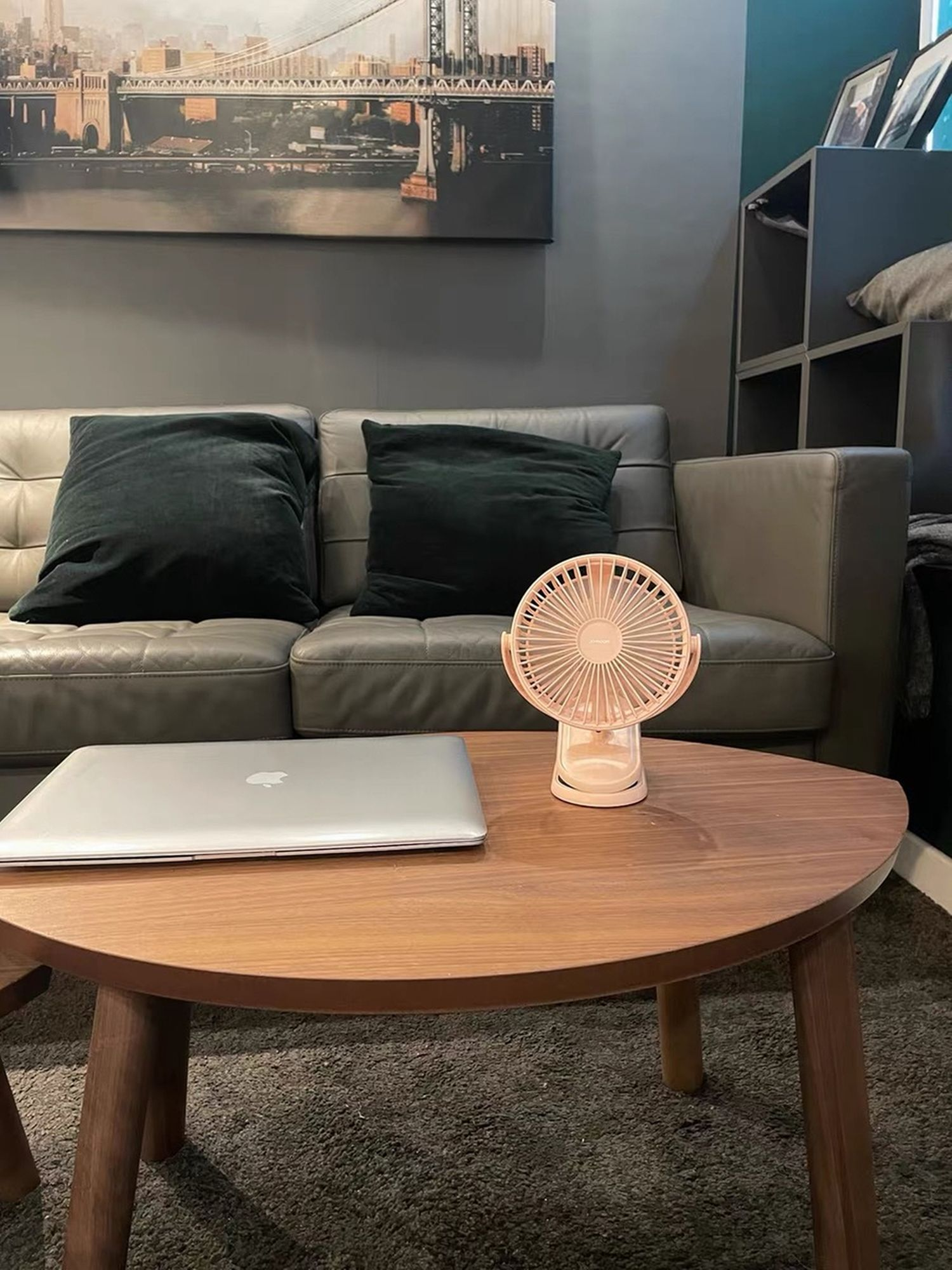 Ein Tisch mit einem Laptop und einem kleinen rosa Ventilator. Der Hintergrund zeigt eine Couch und ein Gemälde.