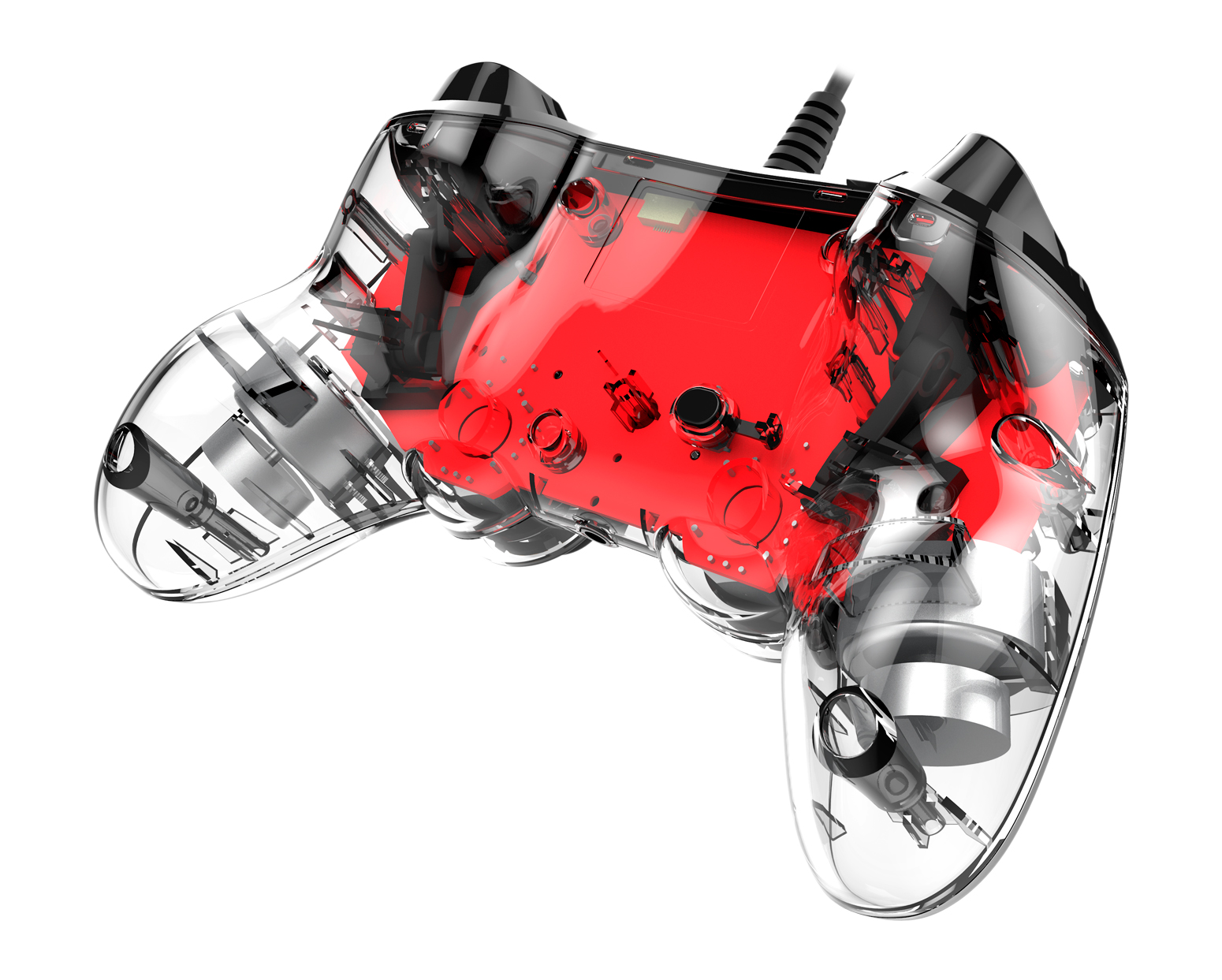 Przezroczysty gamepad z widocznymi elementami wewnętrznymi, czerwone wnętrze.