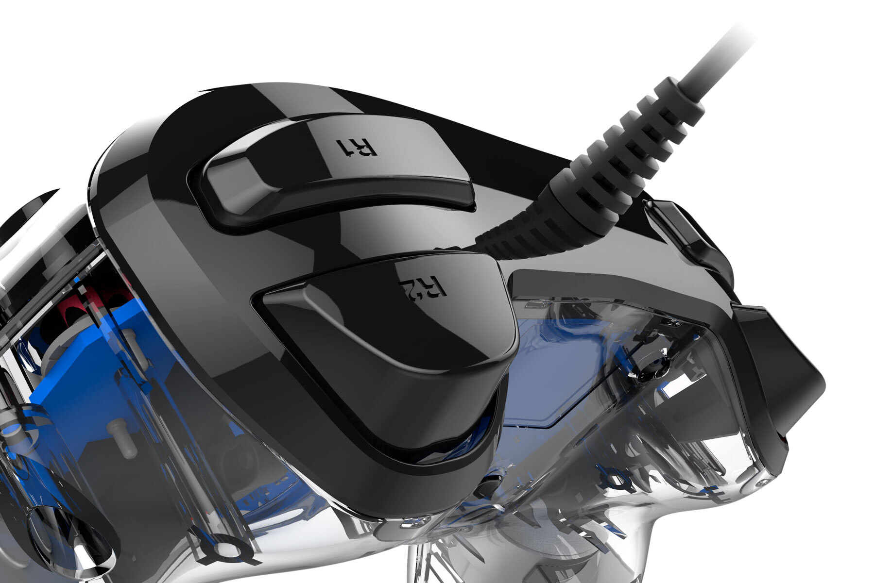 Czarny i przezroczysty gamepad z przyciskami R1, R2 i okablowaniem, zbliżenie na białym tle.