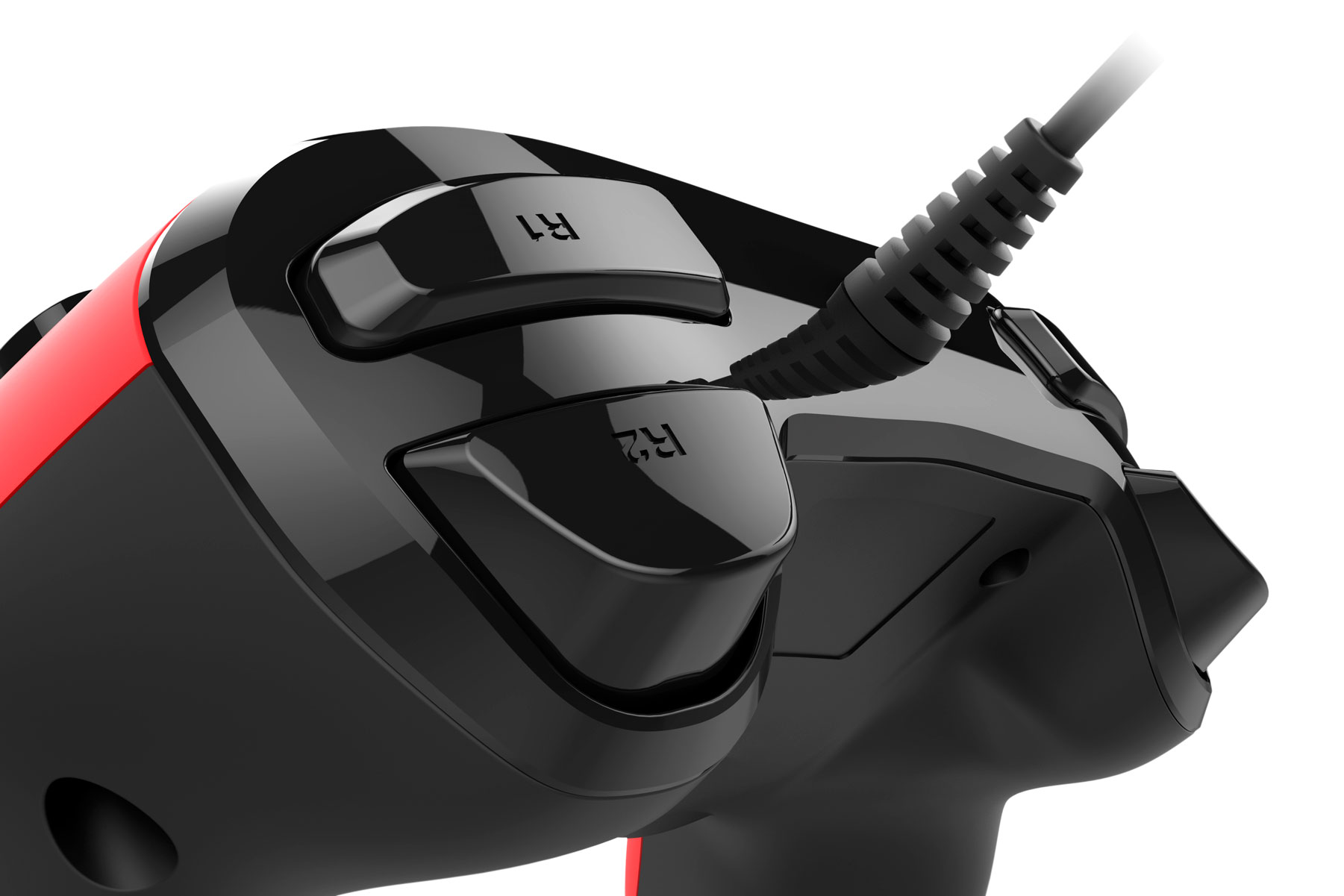 Czarny kontroler do gier z czerwonymi akcentami. Zbliżenie na górę z widocznymi przyciskami R1 i R2.